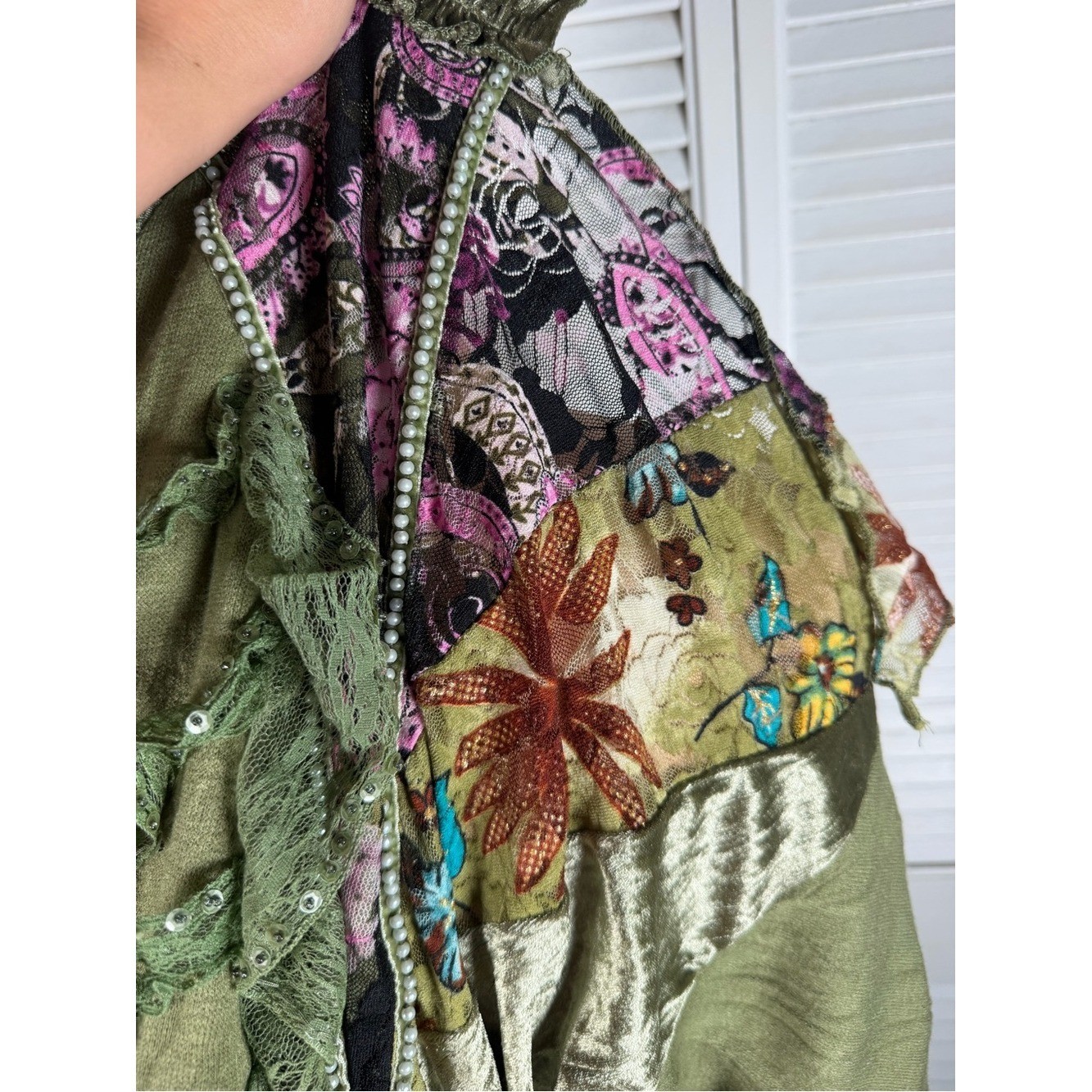 Olive Green Boho Patchwork Lace Tunic Top Fairy Grunge Y2K Boutique