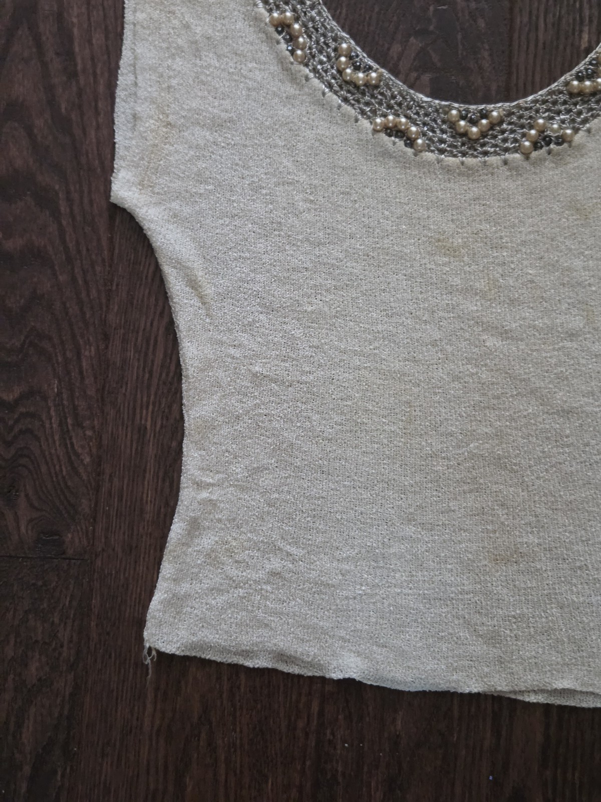 Boepple Creations Silk Knit Top Real Pearl Beaded Neckline Ivory Short Sleeve