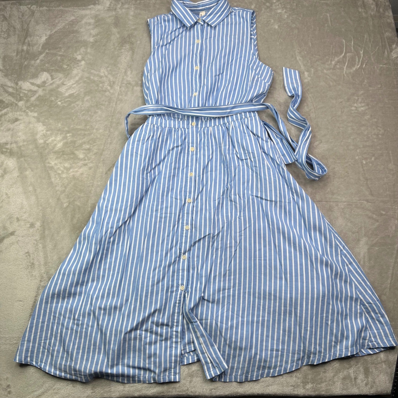 Pact Sunset Lightweight Cotton Sleeveless Shirtdress Womens L Blue White Striped
