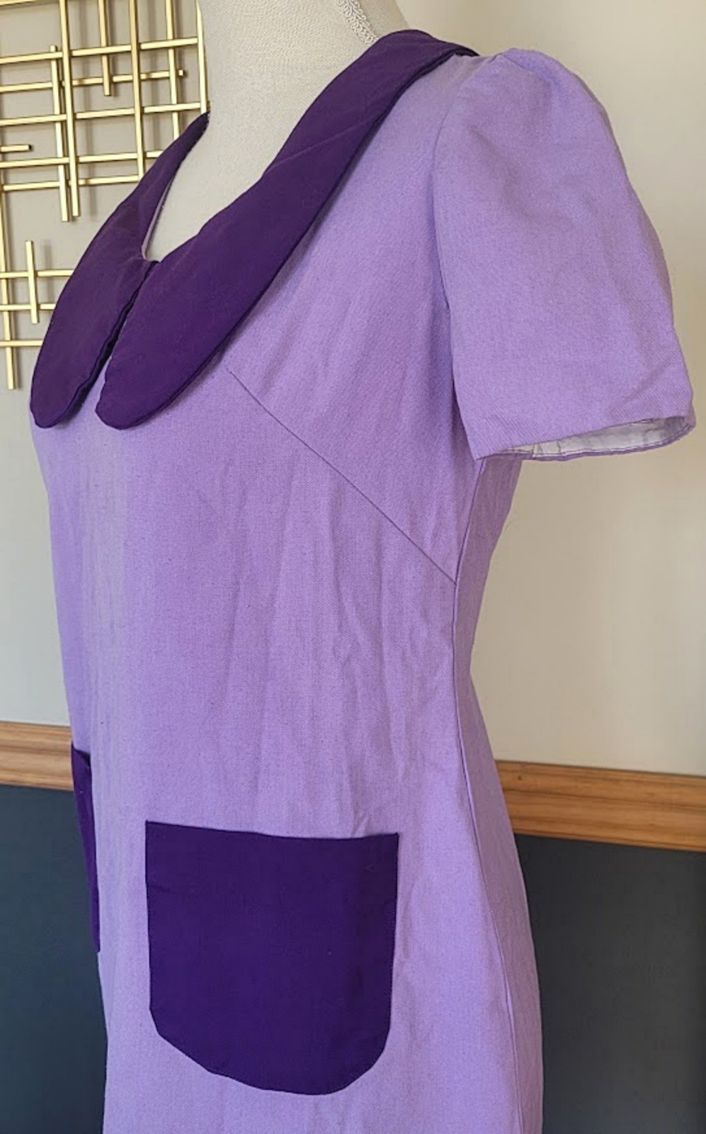 Vintage 60s 70s Mod Purple Mini Dress Shift Retro Go Go Twiggy Peter Pan Collar