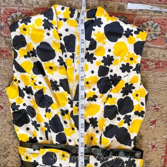 Sunny 1960’s Mod Yellow High Collar Abstract Flower Print Dress 2 Bow Belts VNTG