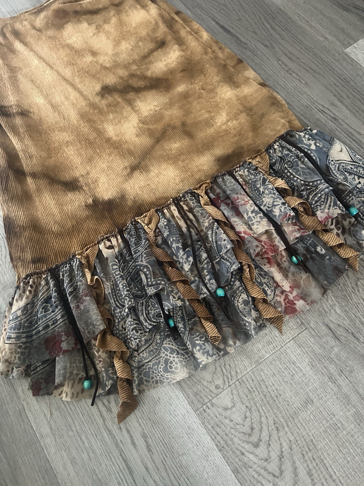Vintage Punky Girl USA Bohemian Brown and Blue Ruffle Beaded Skirt L