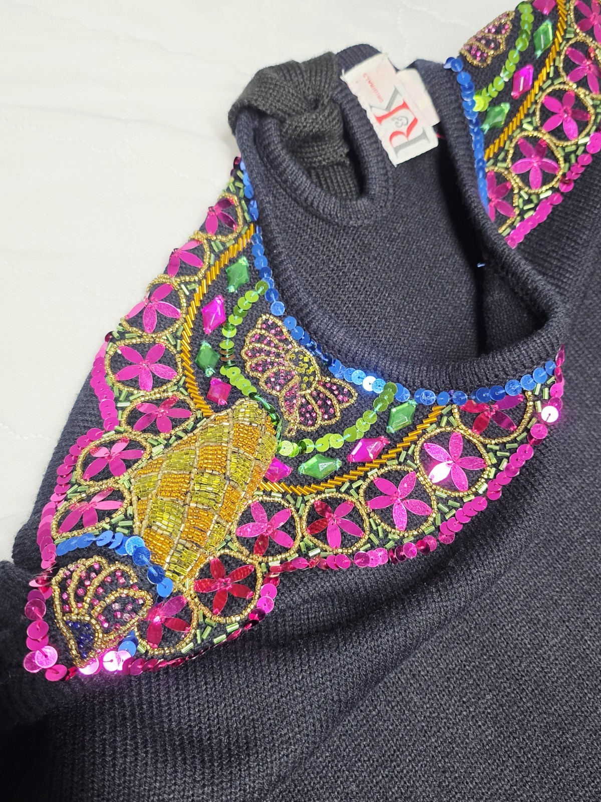 VINTAGE R&K Originals 1980s RETRO Sweater Dress Black Embellished Sequins Sz L
