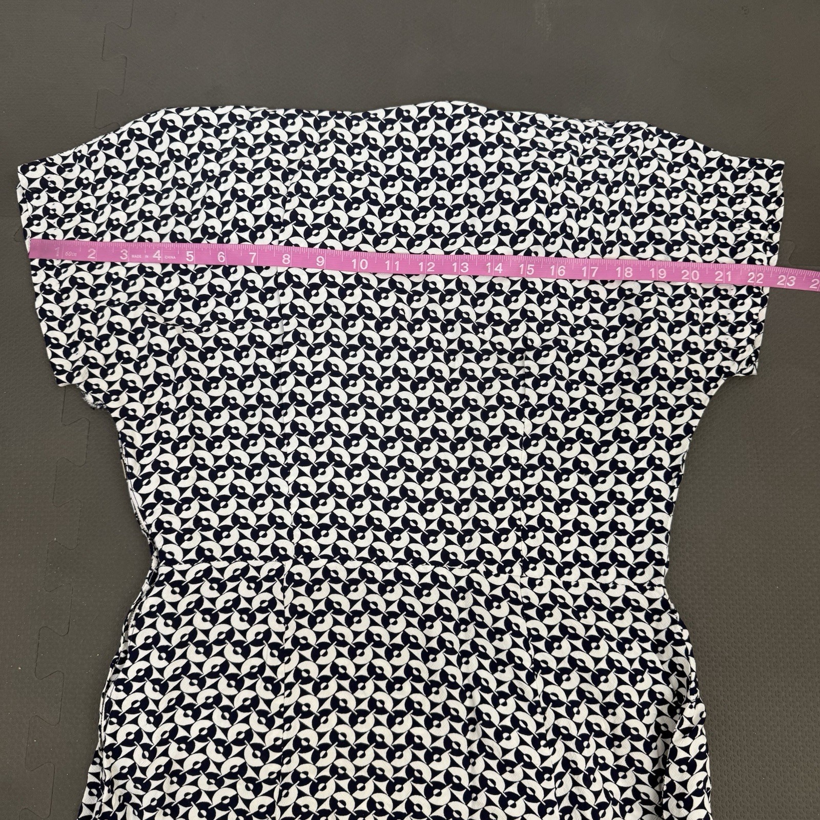 Vintage 70’s Womens Midi Dress Geometric Print Navy & White V-Neck *READ