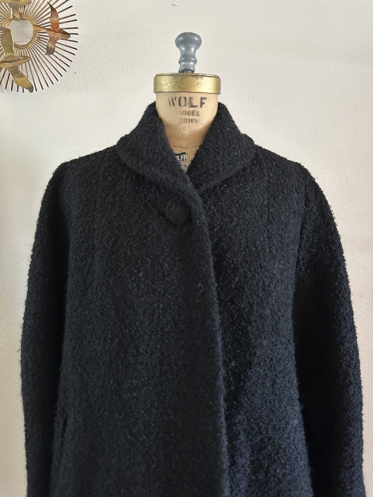 1940s Boucle Wool Swing Coat Holiday Shawl Collar Jacket Rhinestone Cuff 50s VTG