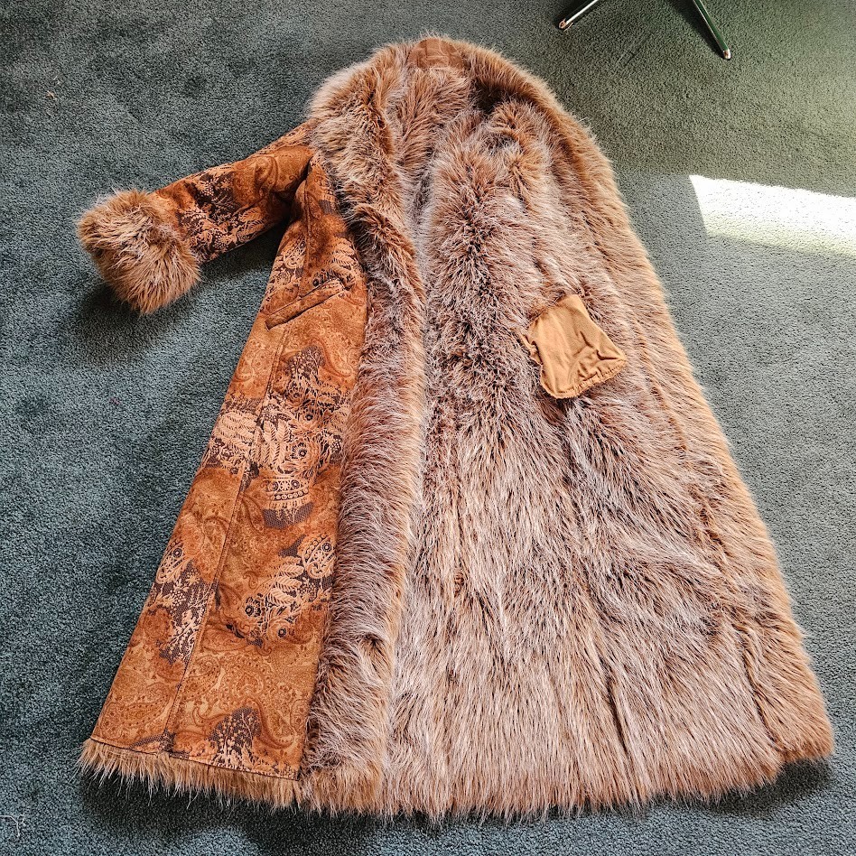 Vtg 90s do 70s Penny Lane Hippie Faux Fur Jacket Shaggy Afghan Tapestry Coat M