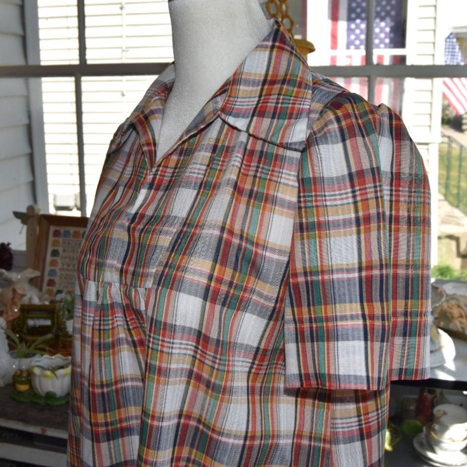 Vintage 1970s Plaid Cotton Blouse Empire Yoke Top Prairie Folk Shirt Medium