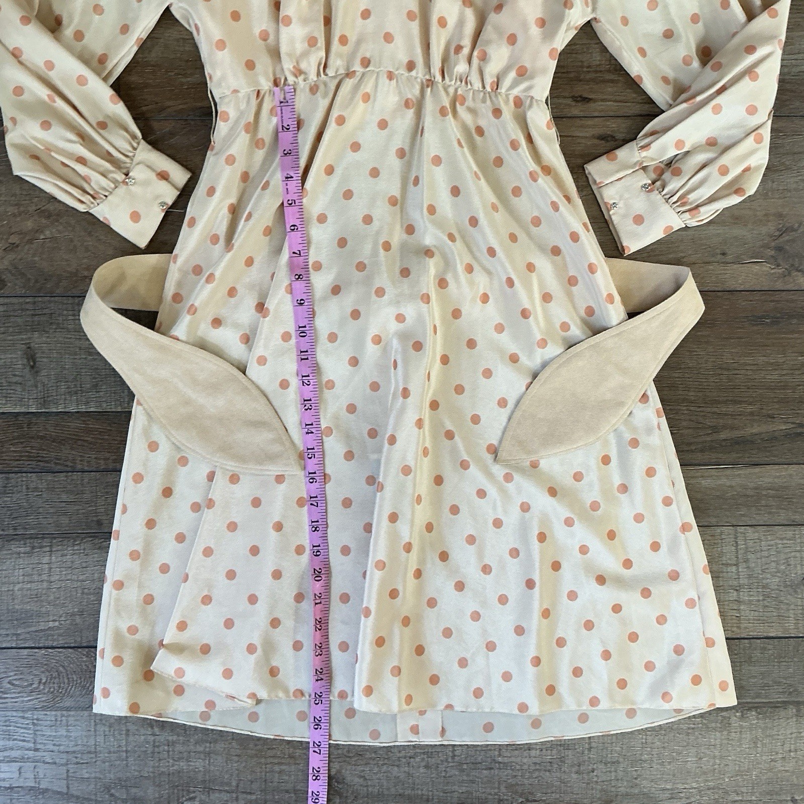 70s VTG Peach Polka Dot Belted Midi Dress Size M Blouson Sleeve Zip Back #1102