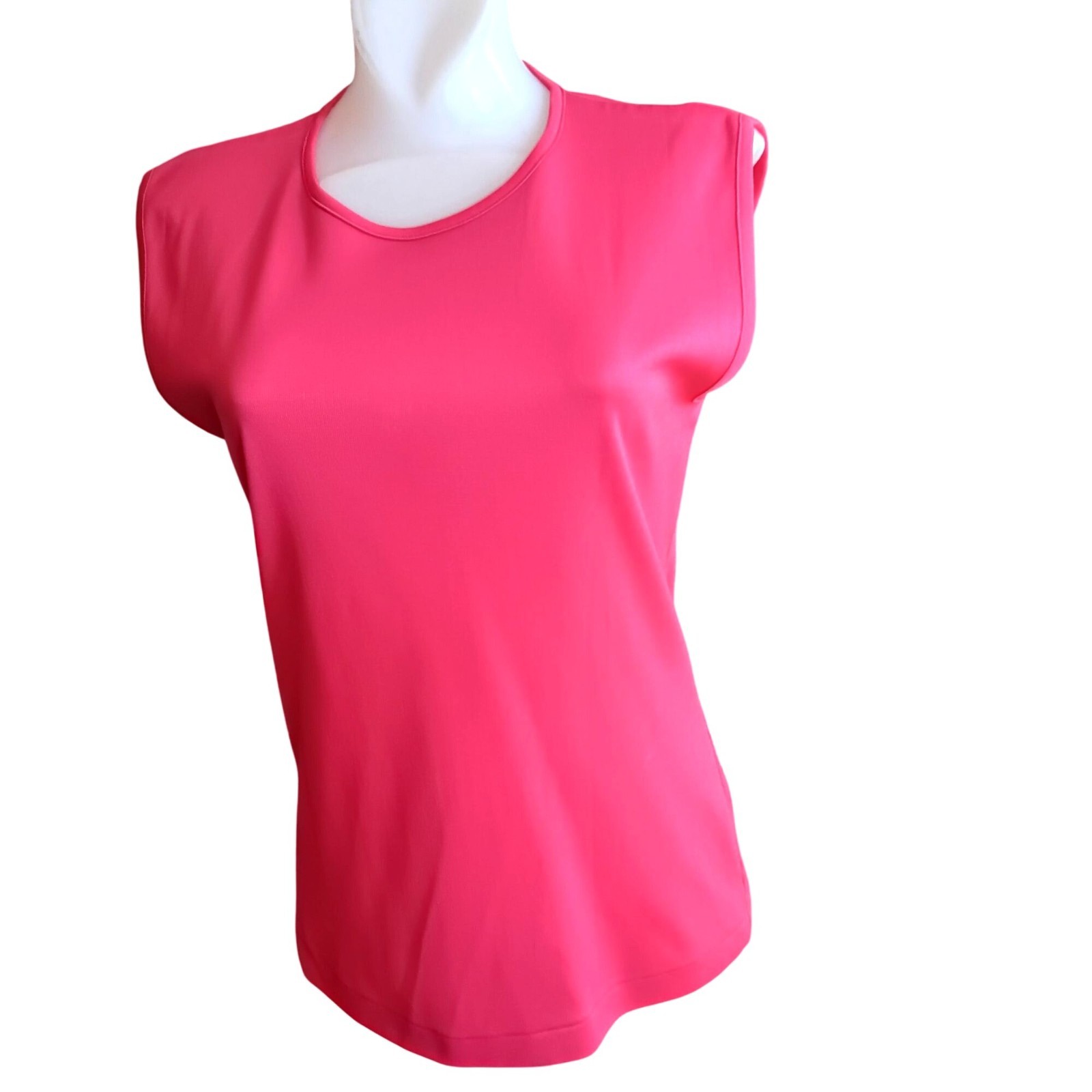 Vintage Womens T-shirt Top LARGE Polyester Slinky Sleeveless HOT RED Zipback 80s