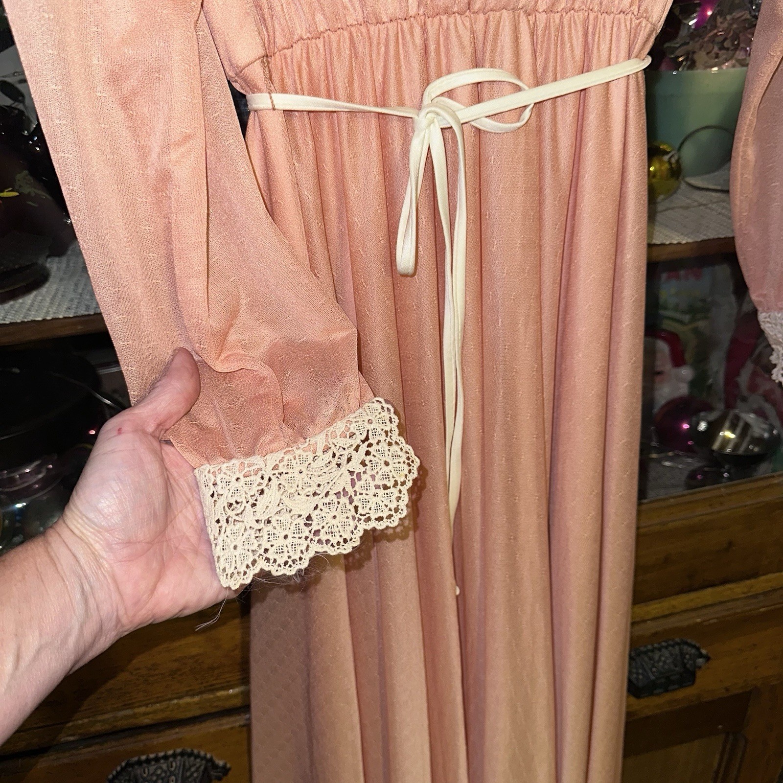 Vintage Peach Prairie Victorian Style Maxi Dress Pearl Buttons & Lace ’70’s