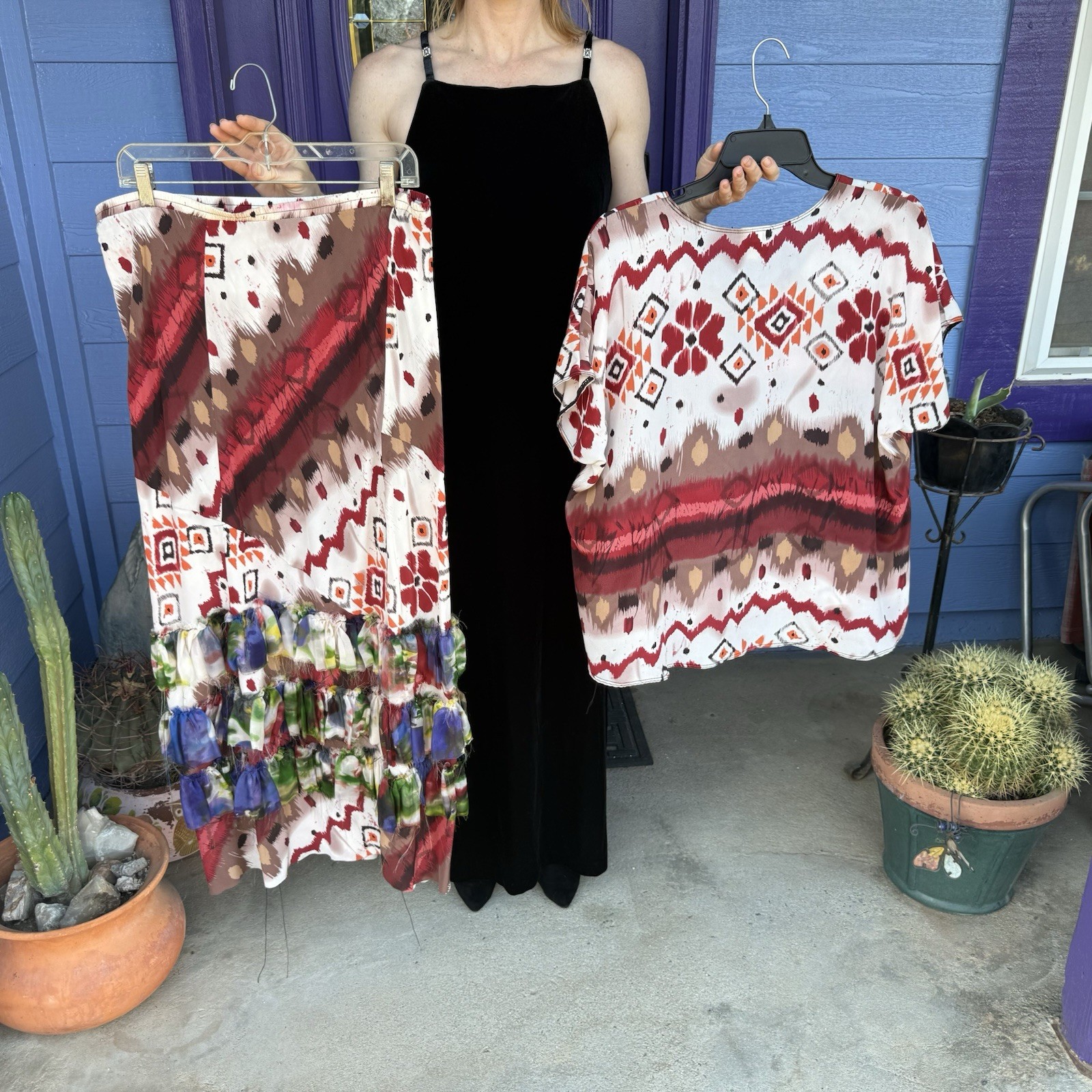URU 100% Silk Set Matching Blouse + Skirt Size Large 2 Piece Flowy Vintage Boho
