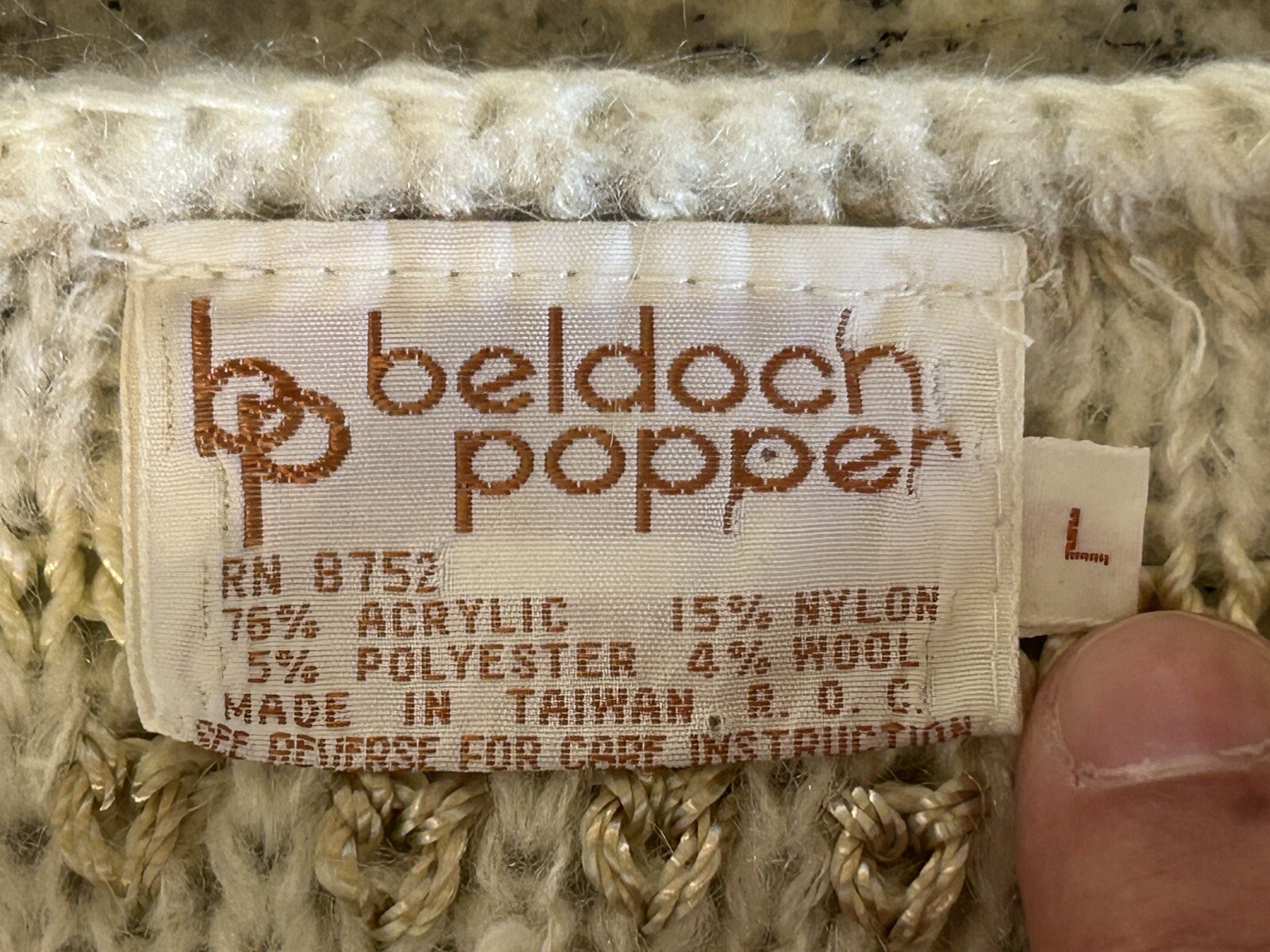 Vintage Beldoch Popper Knit Acrylic Sweater Junior L Women’s S Beige Tan White