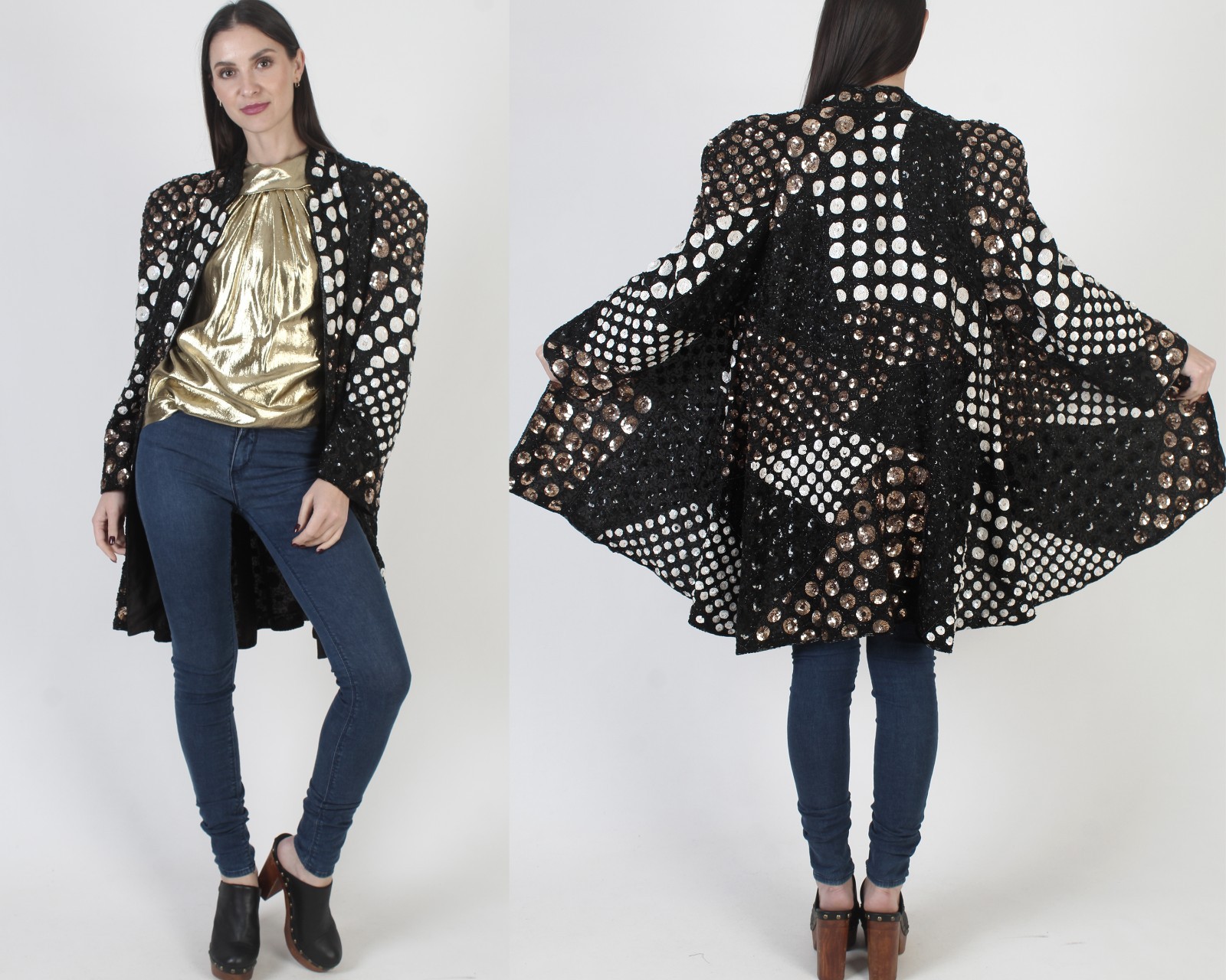 Vtg French Collizioni Black Beaded Jacket Gold Sequin Oversized Blazer Coat M