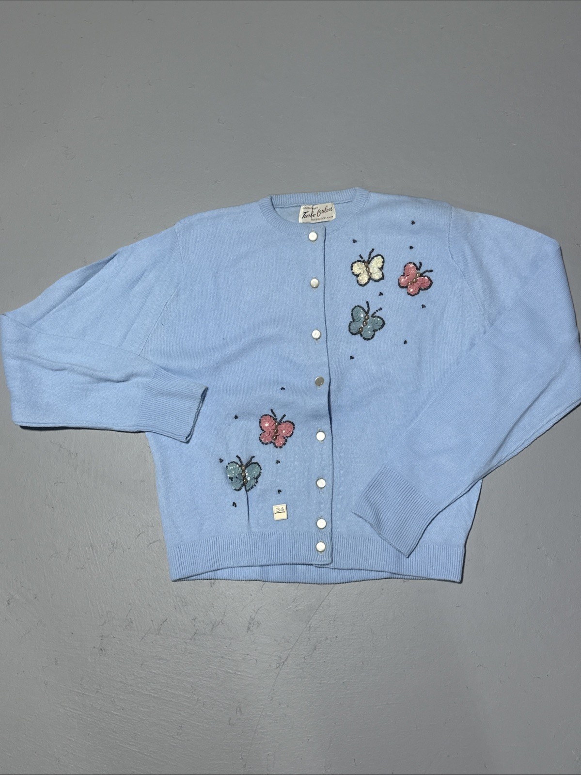 NOS Vtg 1950s Turbo Orlon Cardigan Sweater Baby Blue New 34 Sequined Butterfly