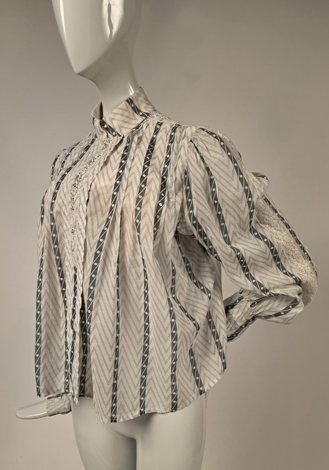 EDWARDIAN STRIPE + ZIG ZAG PRINT THIN MUSLIN BLOUSE W HIGH COLLAR + LACE TRIM