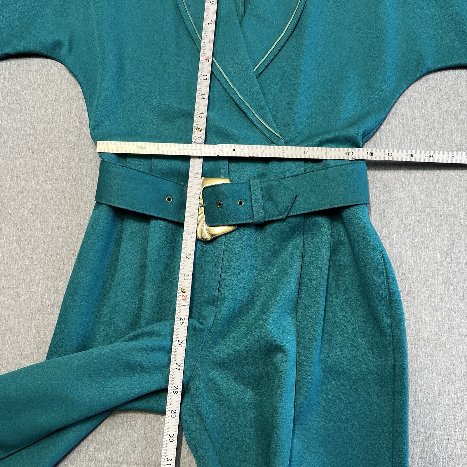 Vintage 80s Teal Power Jumpsuit Belted USA Made Joan Walters Petite 80s tailored