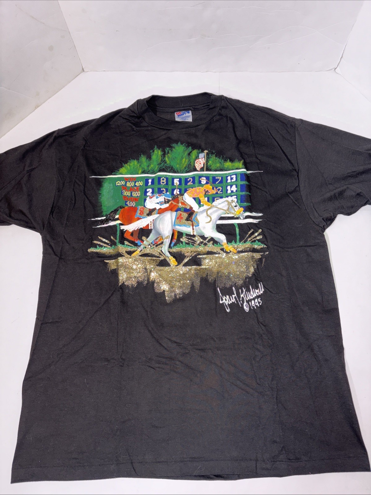 Vintage 1995 Joan Studwell Glitter Horse Racing Scoreboard Tee XL USA Made