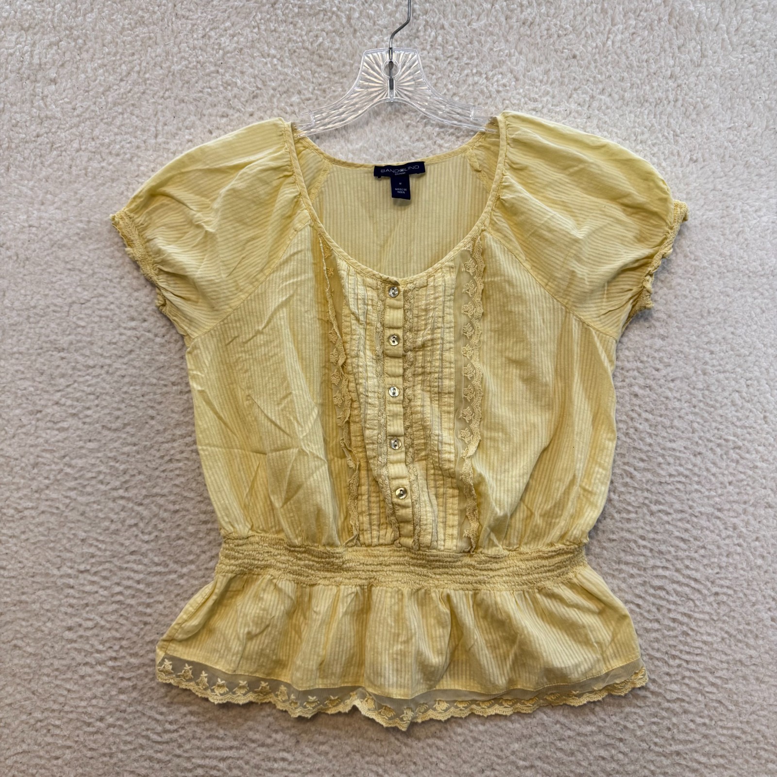 Y2K Vintage Peplum Top Medium Butter Yellow Lace Coquette Milkmaid Peasant