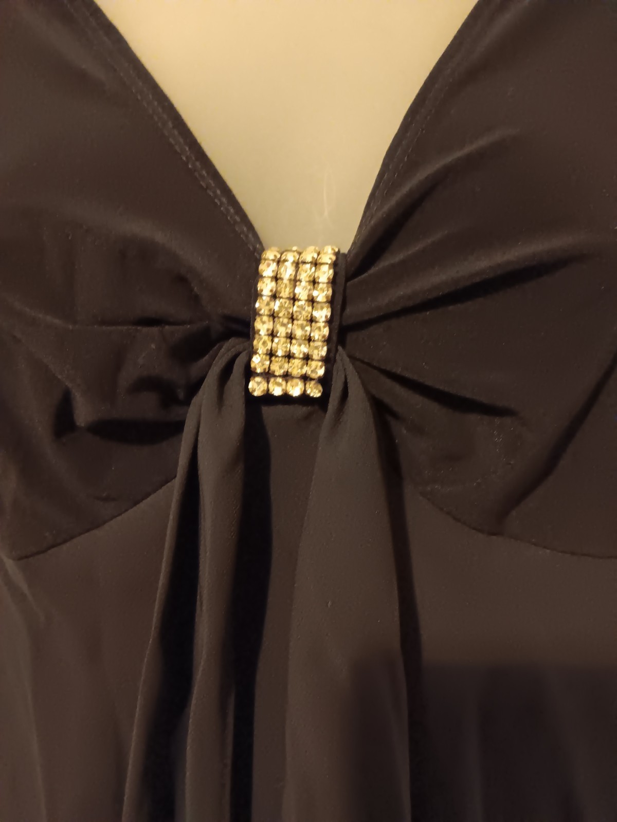 Vintage Onyx Nite Top Black Chiffon Layers Rhinestone Brooch Small EUC Vamp Glam