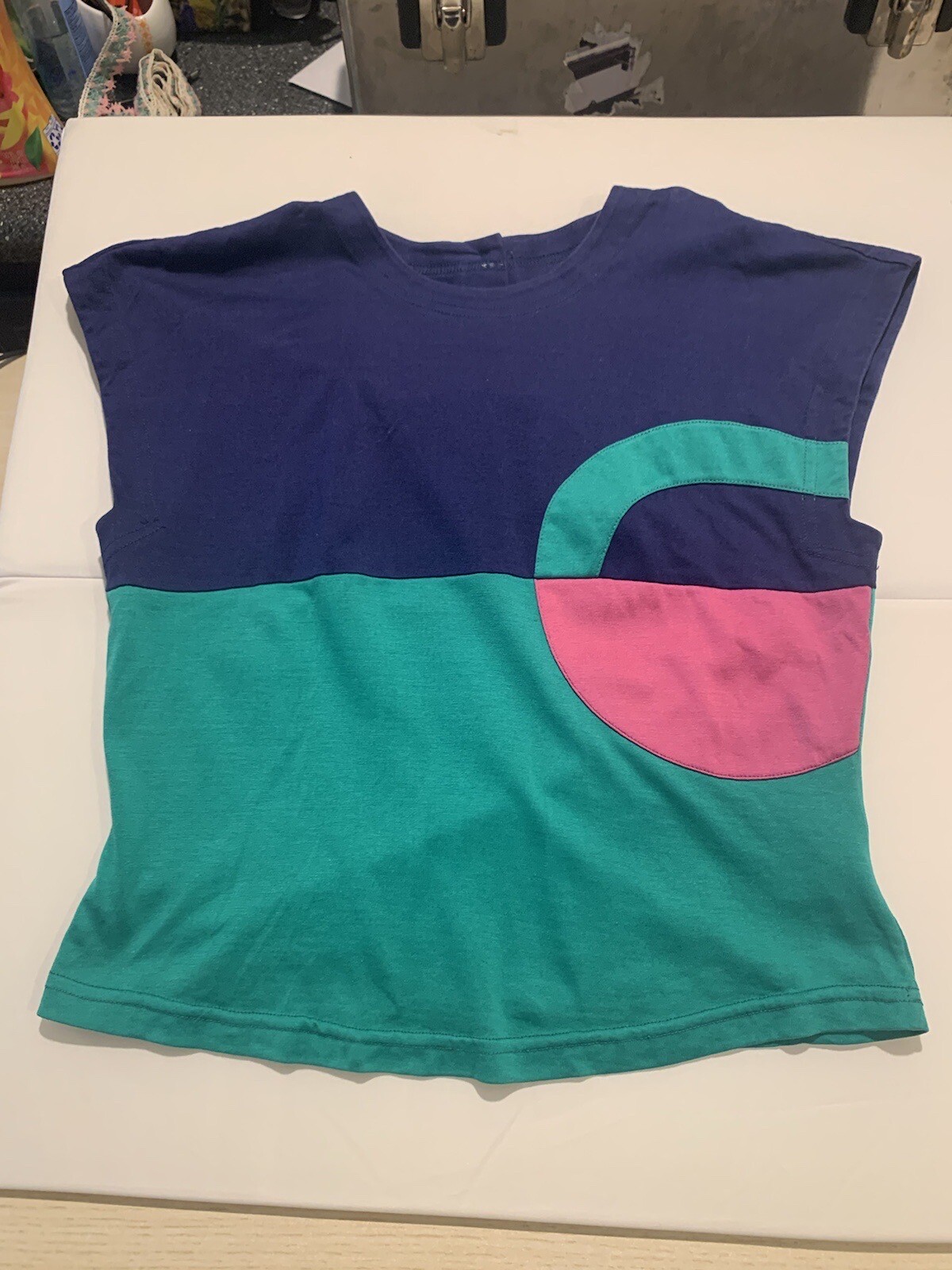 Vintage 80’s Blue Teal Pink Color Block Blouse & Skirt Set Size 6 Slim Bright