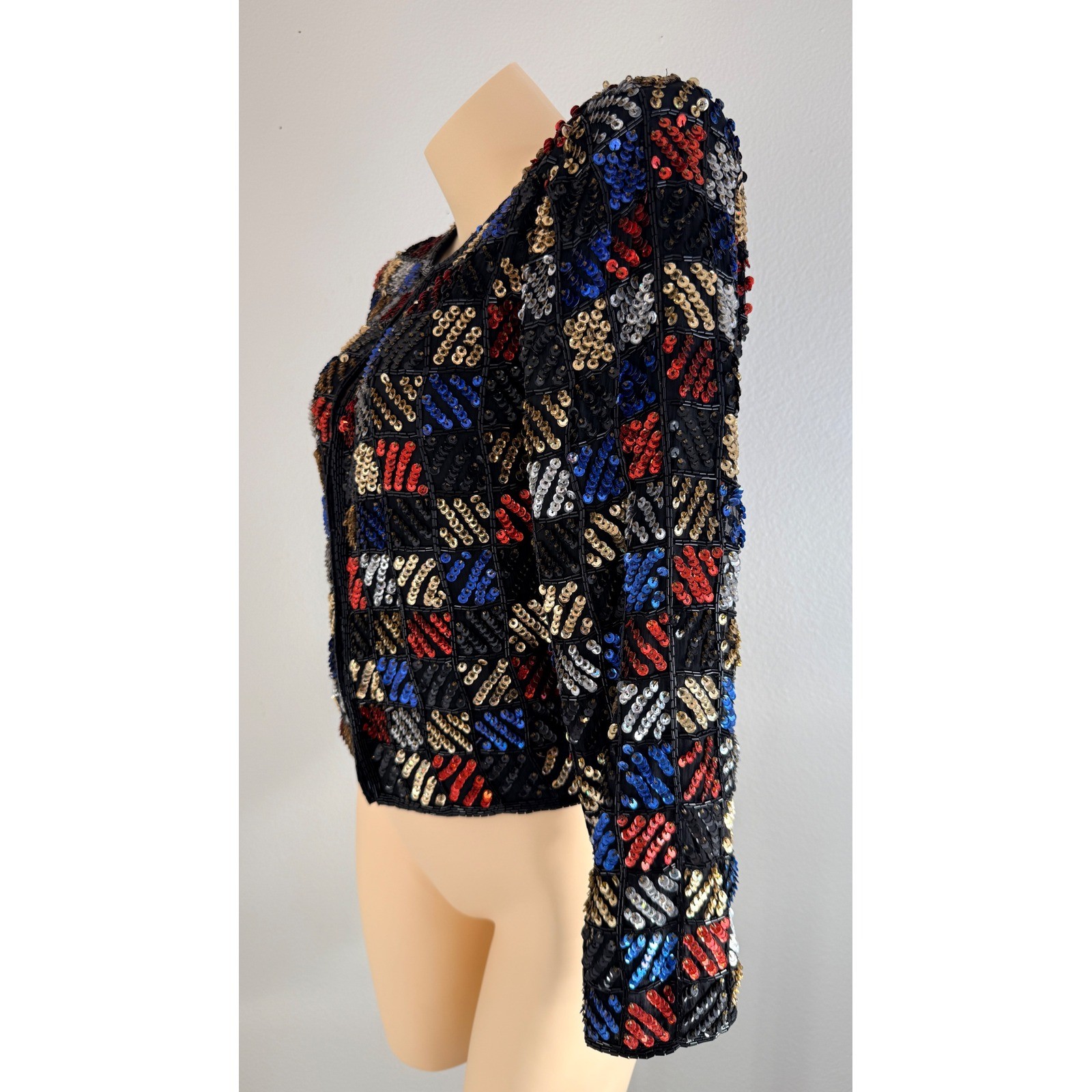 Vintage 80s Laurence Kazar Sequin Beaded Silk Jacket Black Red Blue Gold Small
