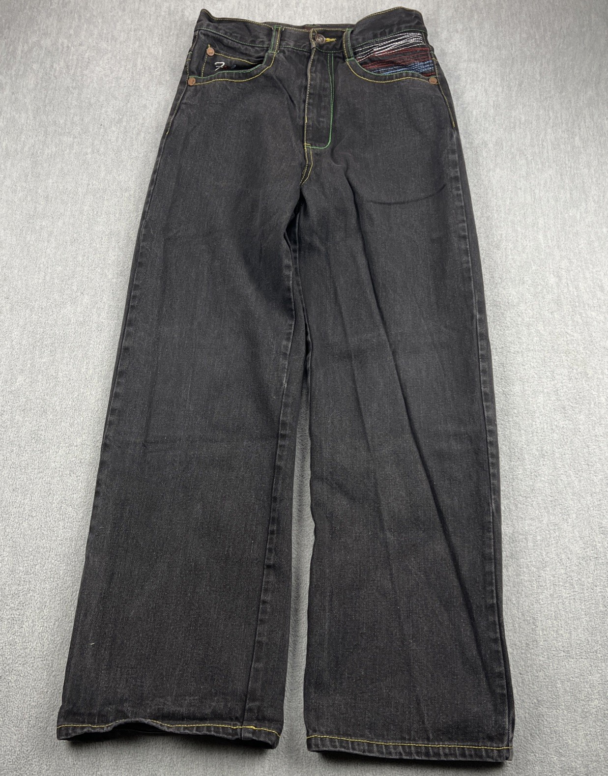 Vintage FUBU 90s Jeans Sz 16 (26×28) Distress Embroidered Pockets Baggy Skater