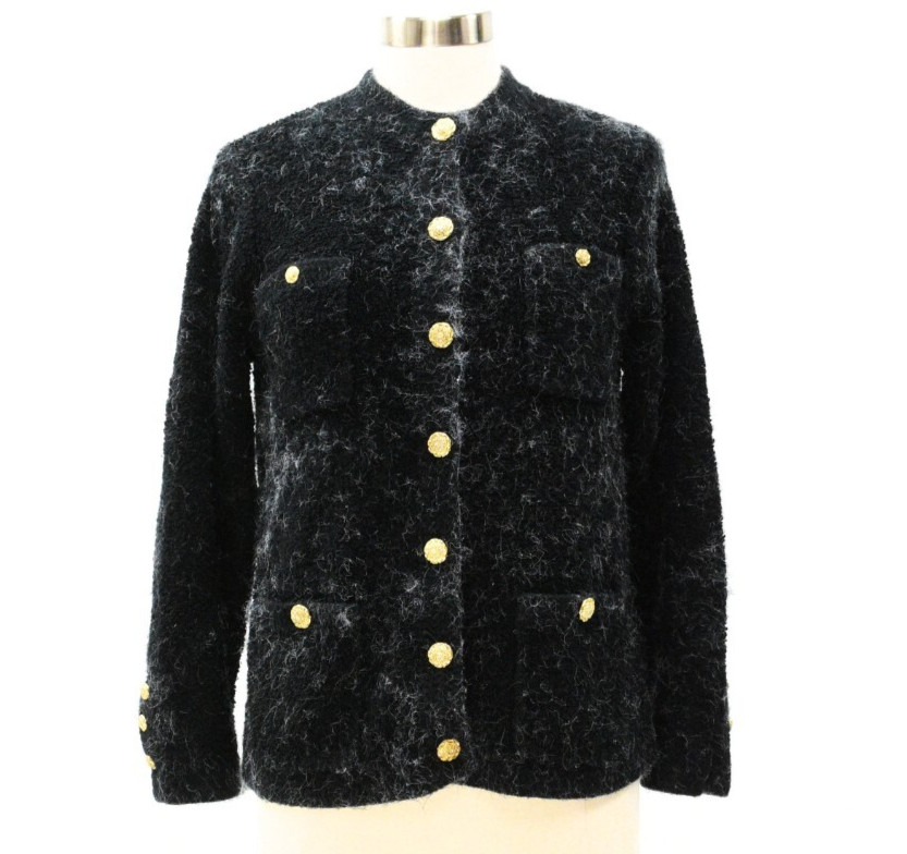 80s Vintage Rochelle Black Fuzzy Knit Jacket Women S Gold Button Boucle Cardigan