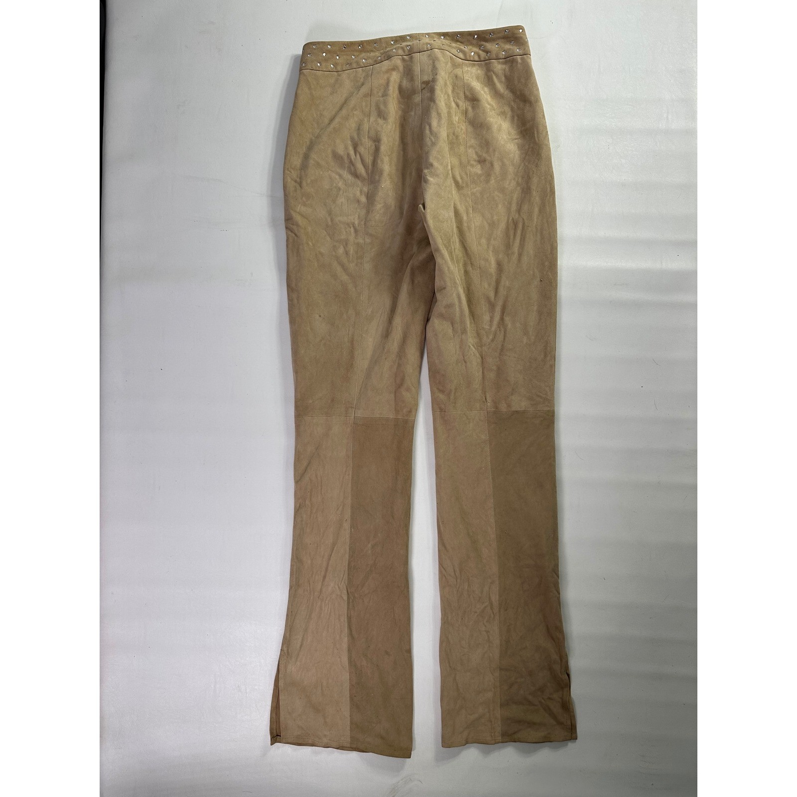 Cache Vintage Tan 100% Goat Suede Studded Rhinestone Straight Leg Pants Size 2