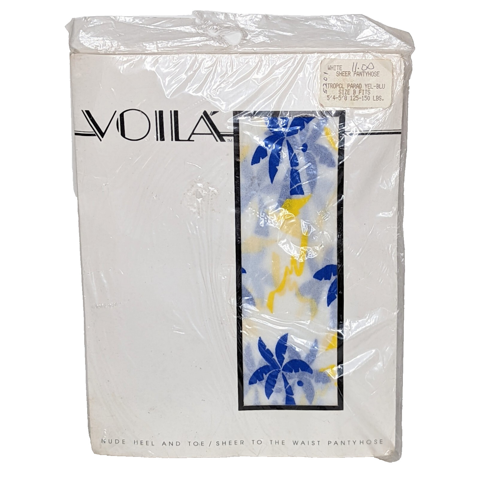 Vintage Viola Pantyhose Sz B Blue Palm Trees Yellow On White Opaque 1983 NOS