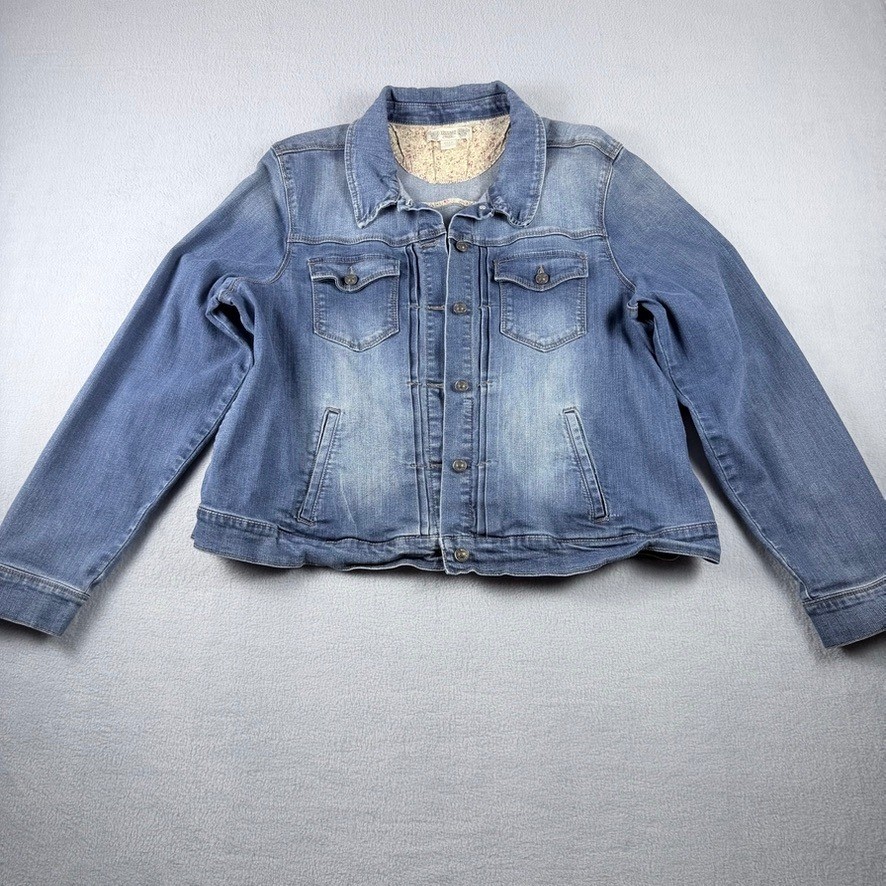 Vintage America Blues Denim Jean Jacket XL Floral Lined Stretch Trucker Blue