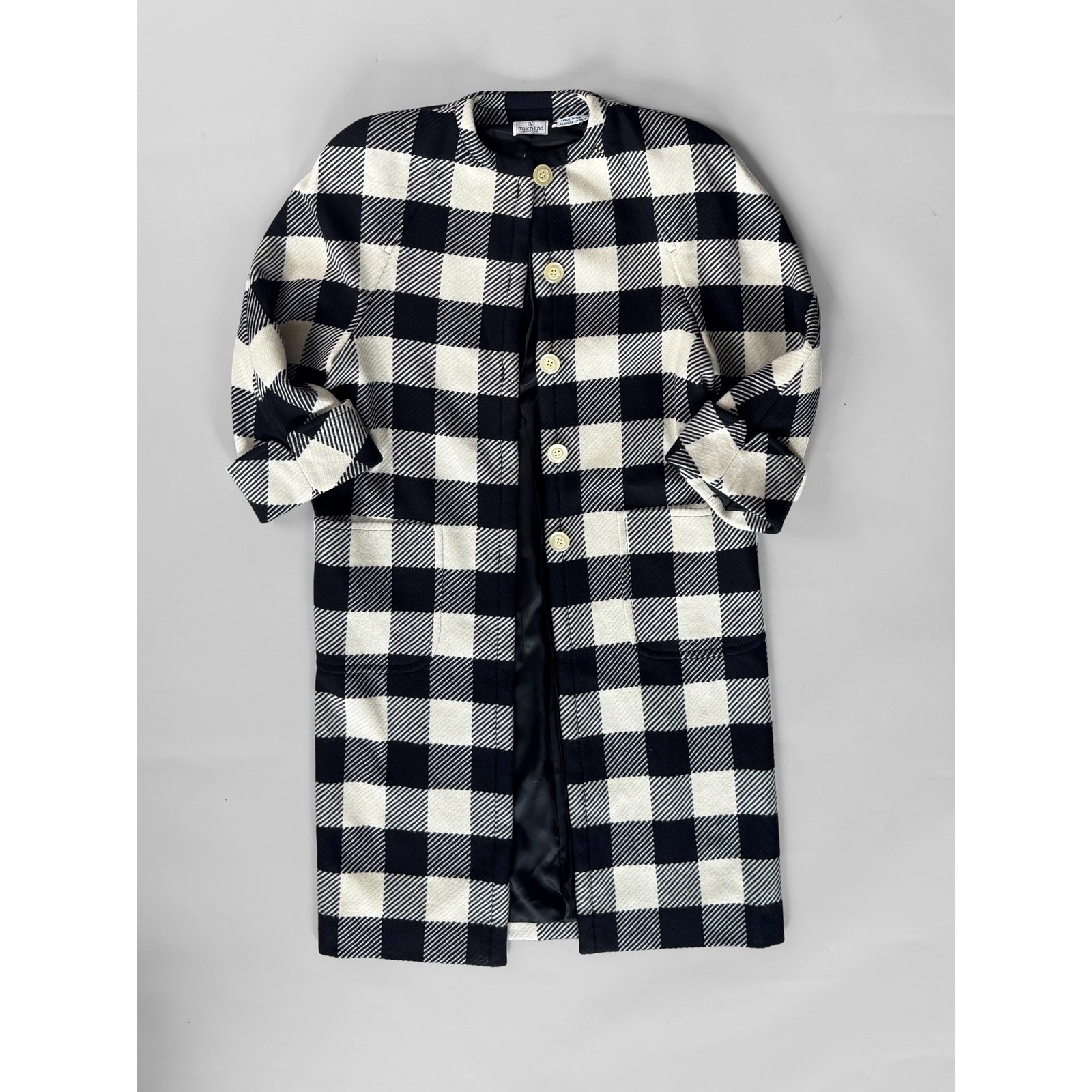 80s Valentino Swing Coat Black & White Check Oversized Shoulder Pads Power Suit