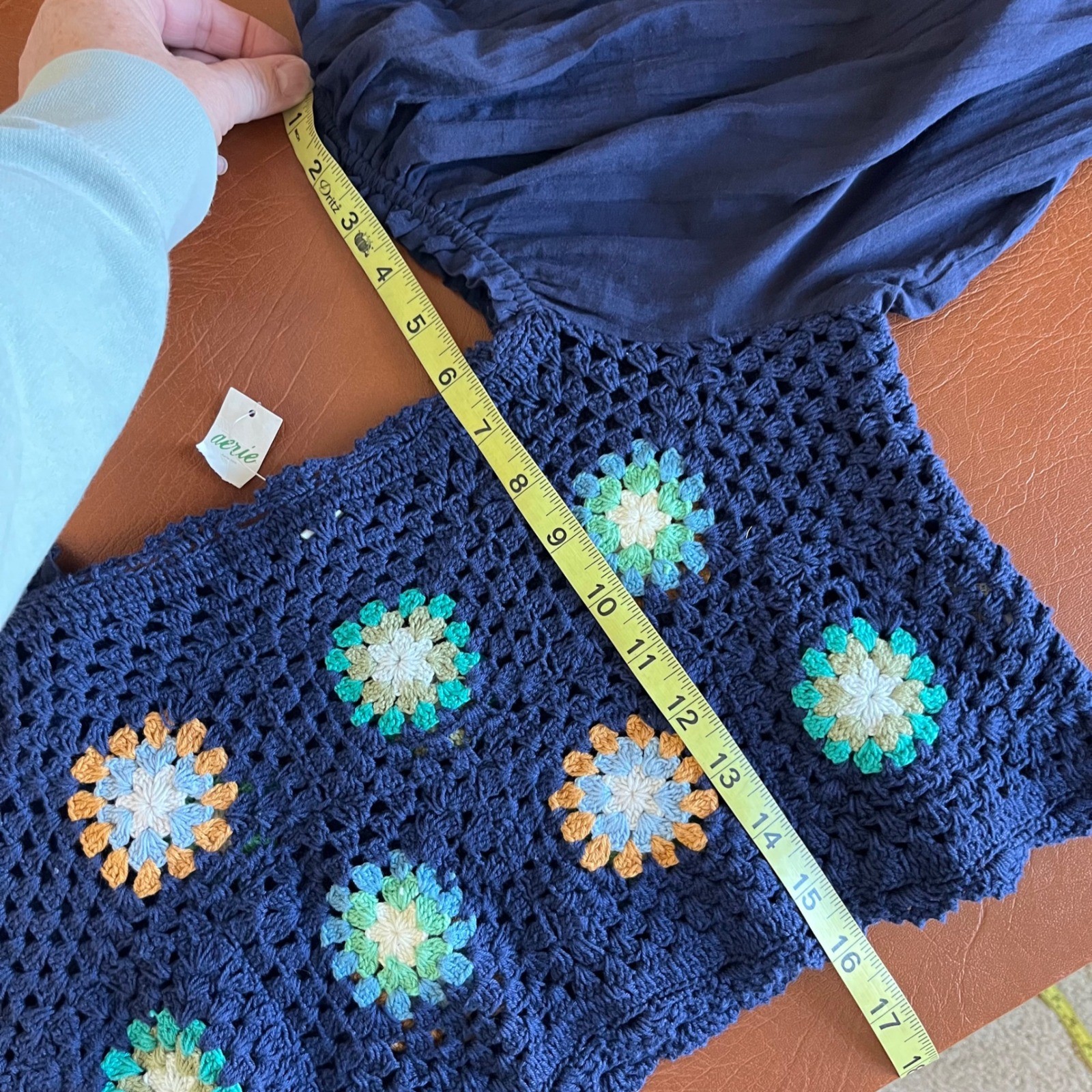 Aerie Crochet Granny Square Crop Top Navy Blue Balloon Sleeve Small Boho NWT
