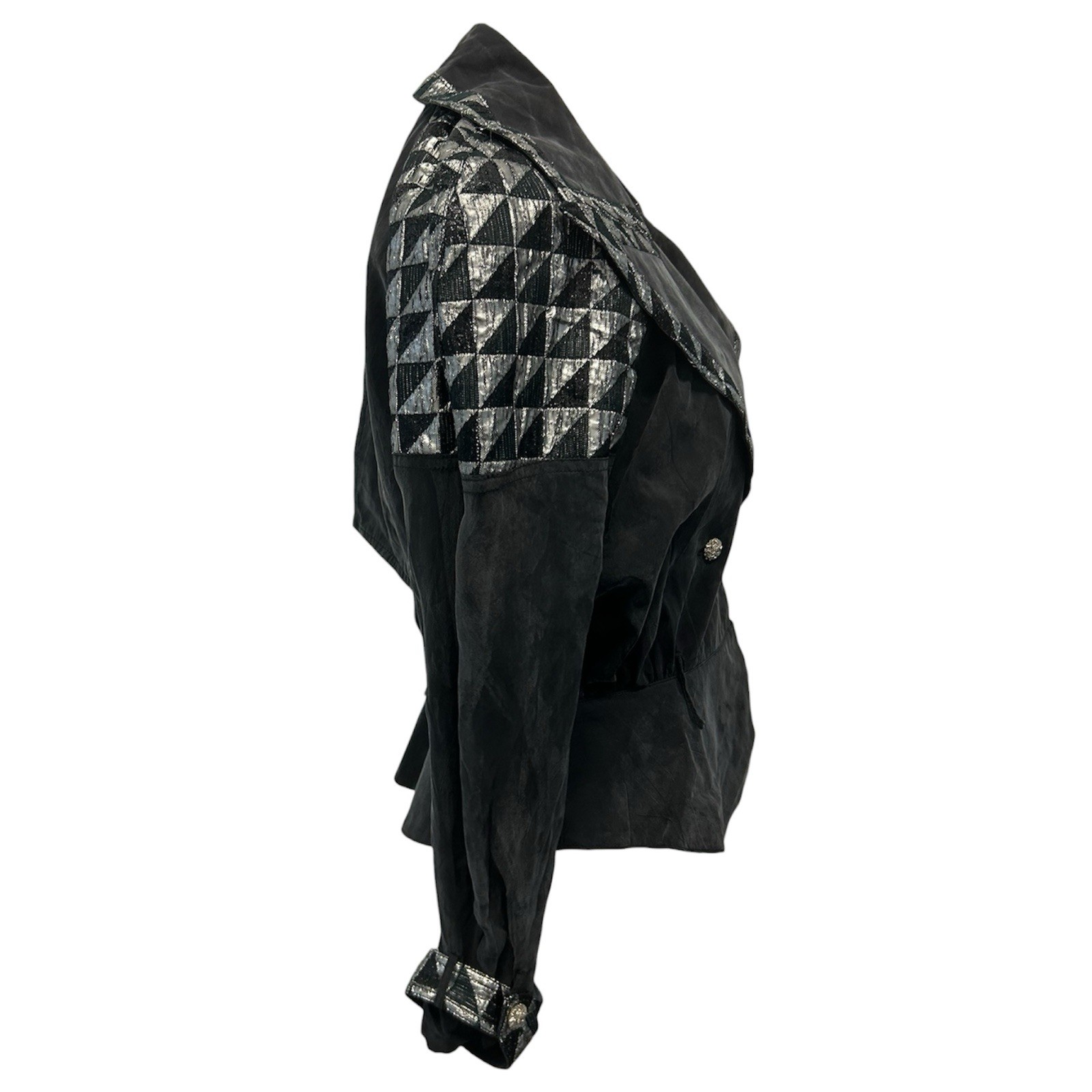 VTG 80s Cache Black Silk Silver Metallic Checker print Peplum Jacket Sz S