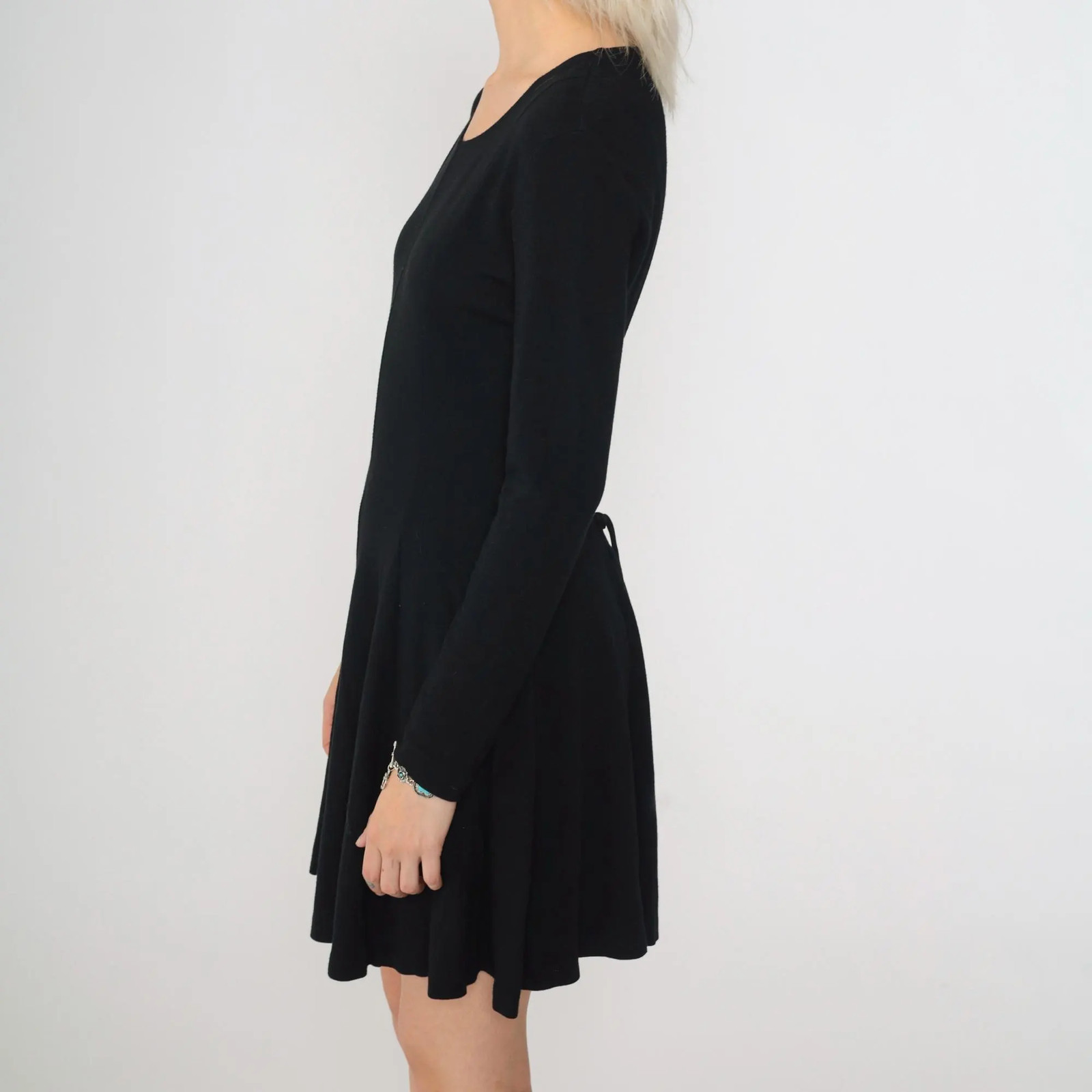 90s Norma Kamali Black Dress Vintage A-Line Skater Lace-Up Back Long Sleeve Scoo