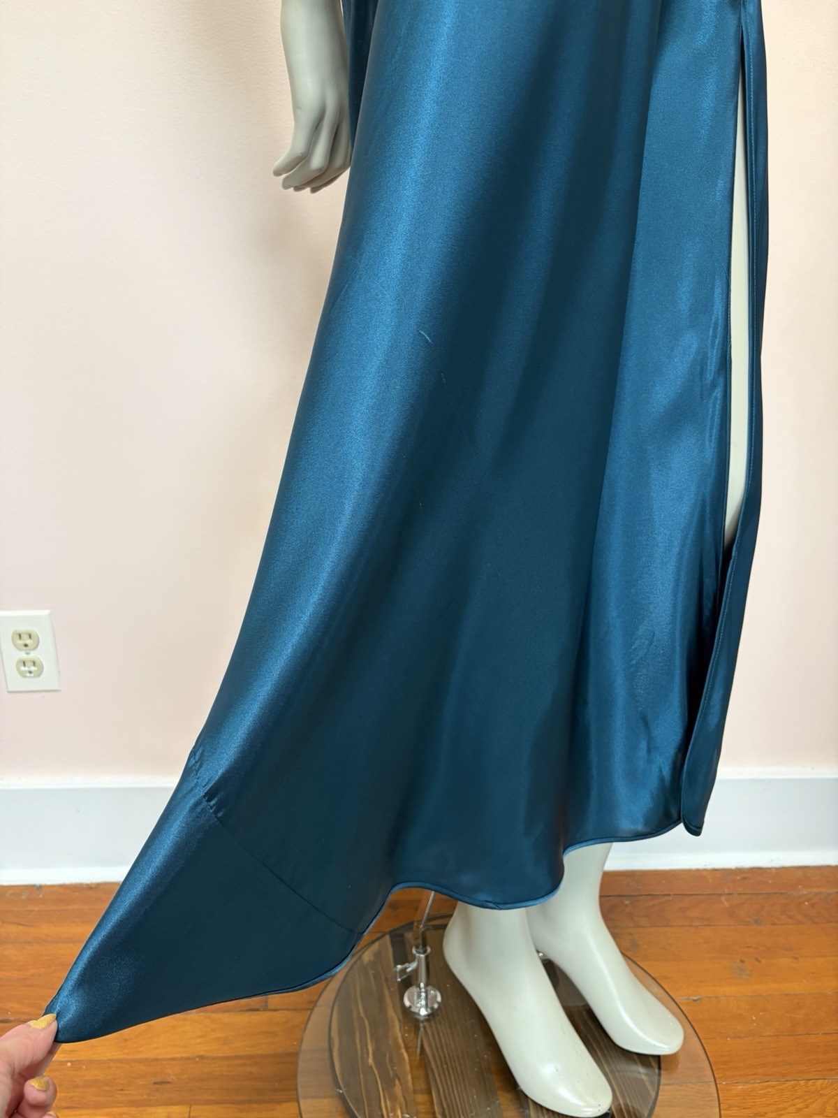 VTG 80s 90s Victorias Secret Gold Label Teal Satin Slip Dress Gown Sheer Lace S