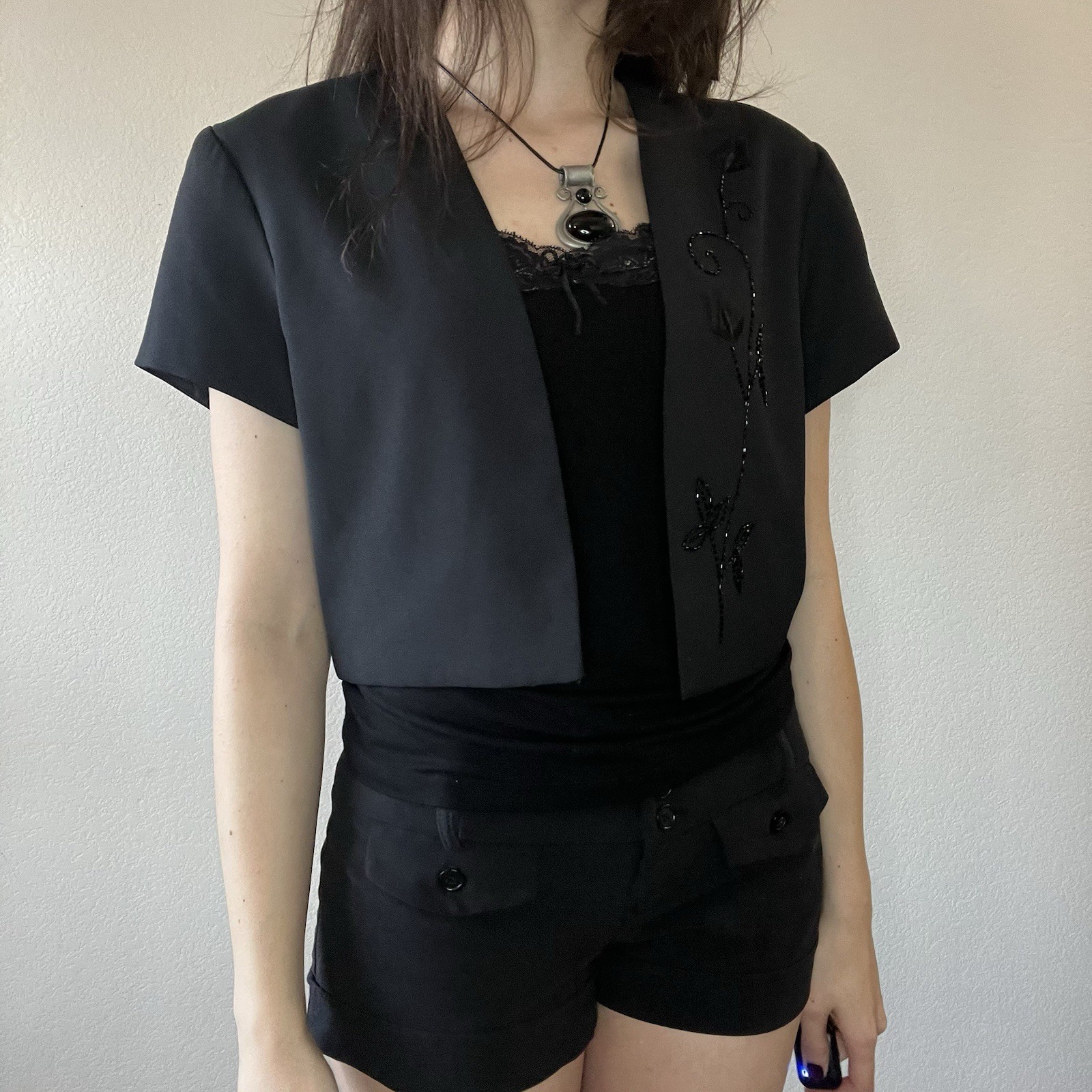 Women’s 90s Dark Fairy Black Floral Beaded Short Bolero J.R. Nites Size 12