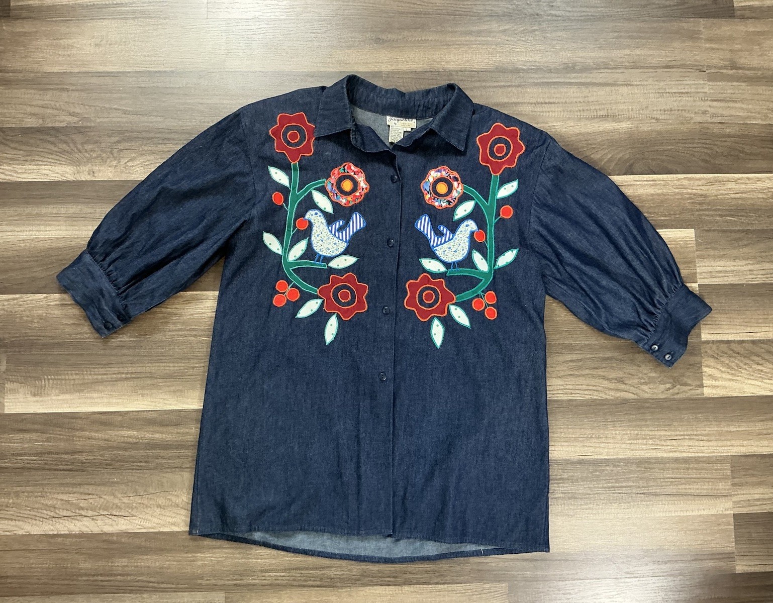 VTG Jacqueline Women’s Bird Floral Appliqué Denim Artsy Tunic L Boho Grandmacore