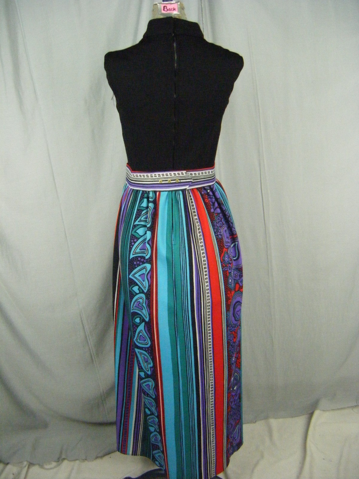 Vtg 60s Black/Purple/Red/Blue Mod Printed Knitted Belt Dress-Bust 34/3XS-2XS