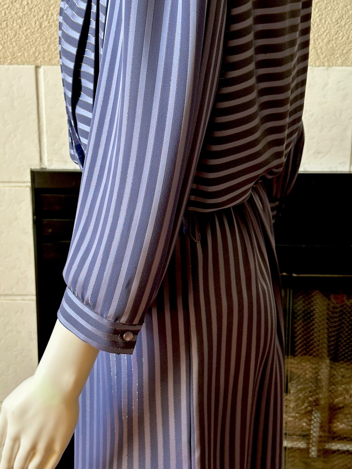 Vtg 80s JSJ Belted Dress Womens Polyester Blue Dynasty Style 34” Bust 28” Waist