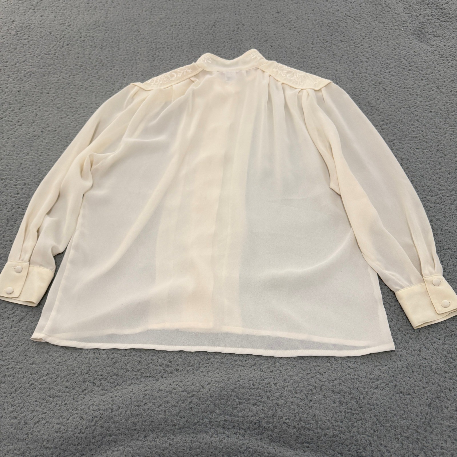 Vintage Cream Pleated Embroidered Blouse Womens 10 Ivory Victorian Top Sheer