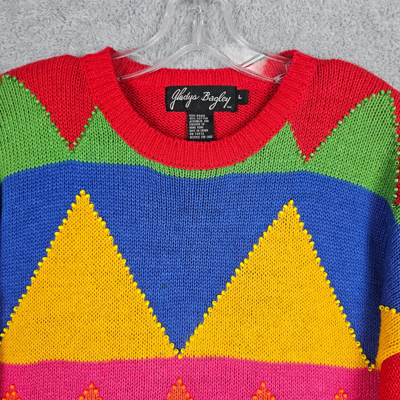 Vintage 80s Womens Sweater Large Red Hip Hop Colorblock Beaded Geometric Cotton