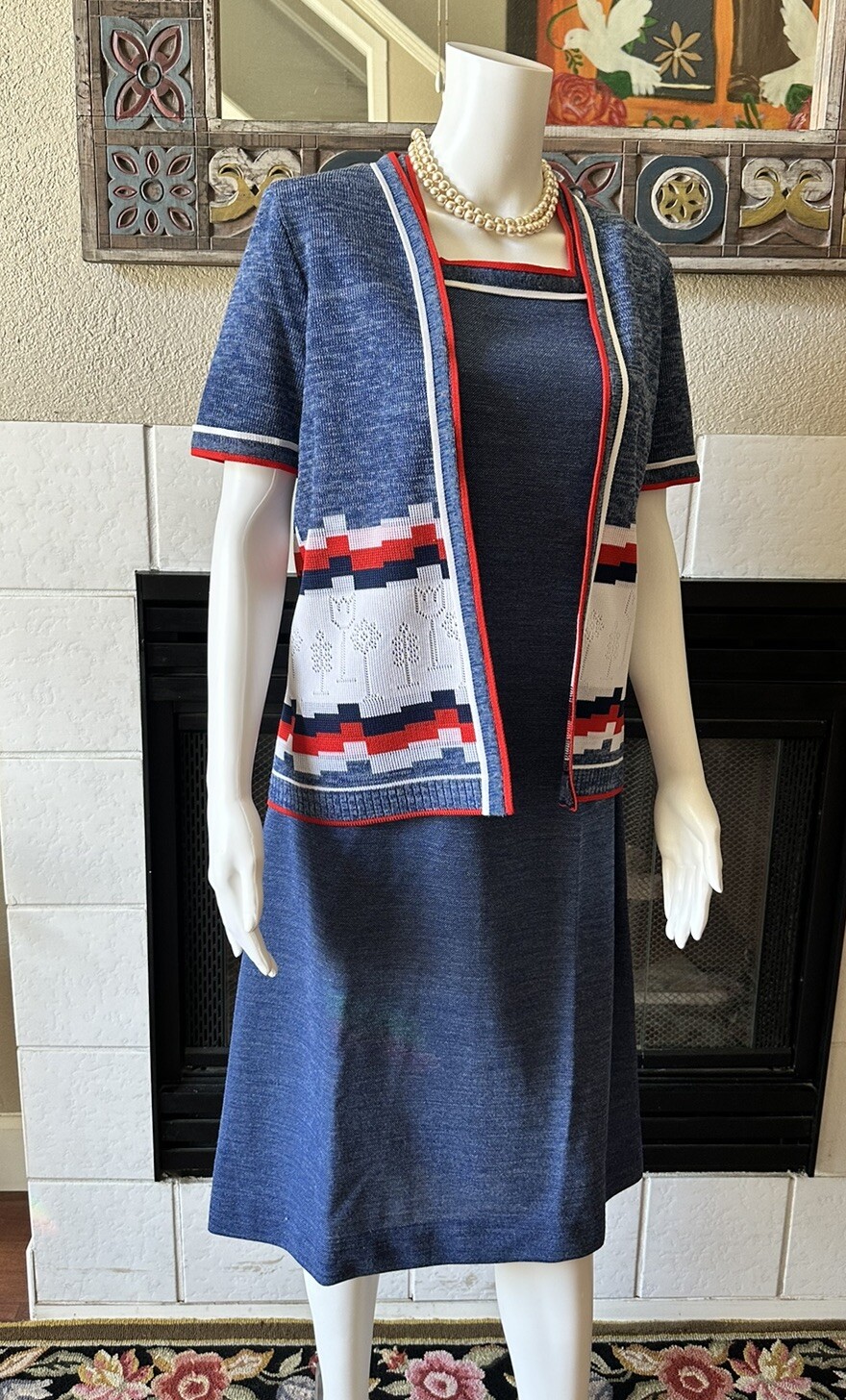VTG 1960s Bleeker Street Drop Waist Blue Dress & Jacket XL Blue Red White