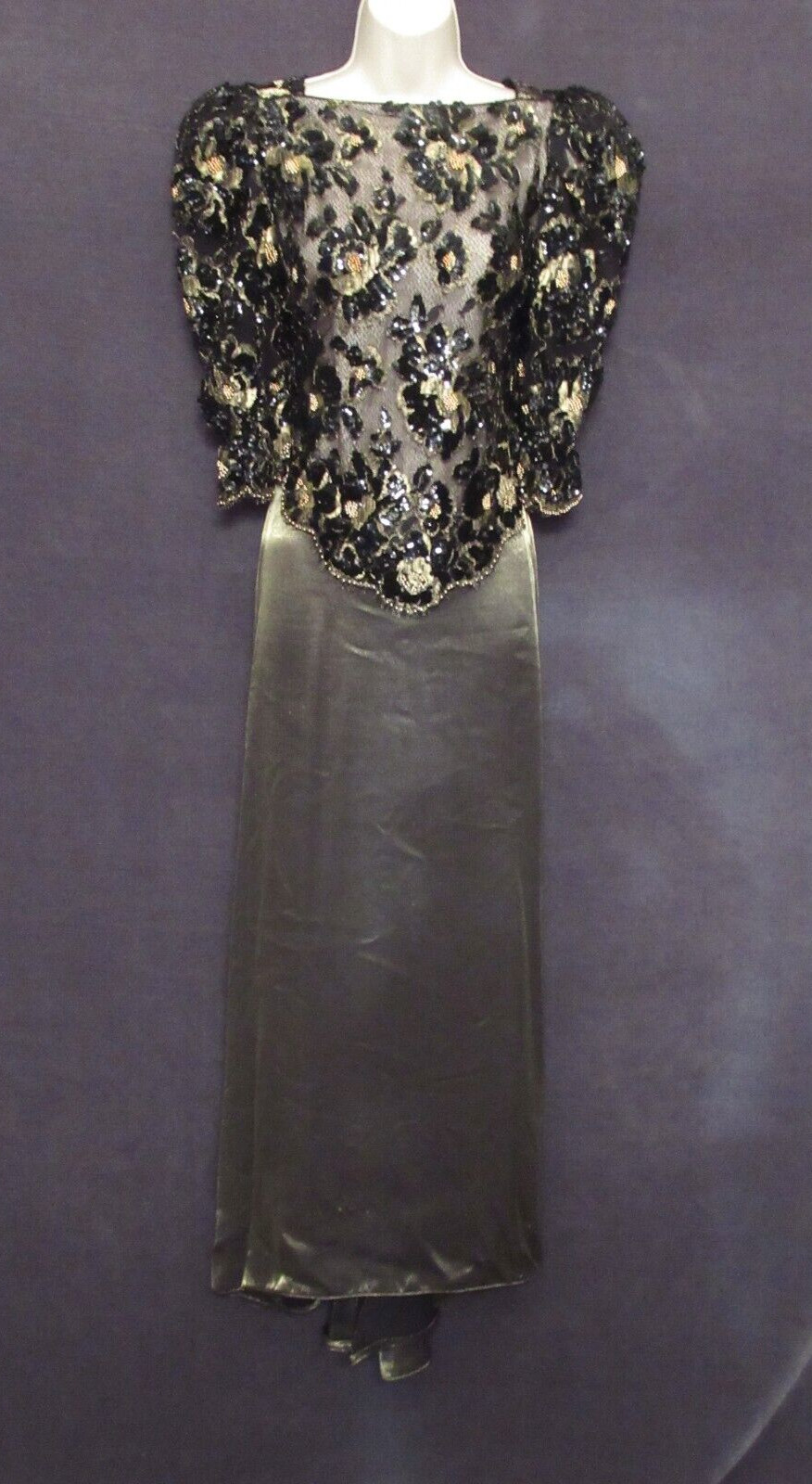 Vintage Digna Yero Black Gold Metallic Sequin Lace Bead Backless Formal Dress 8