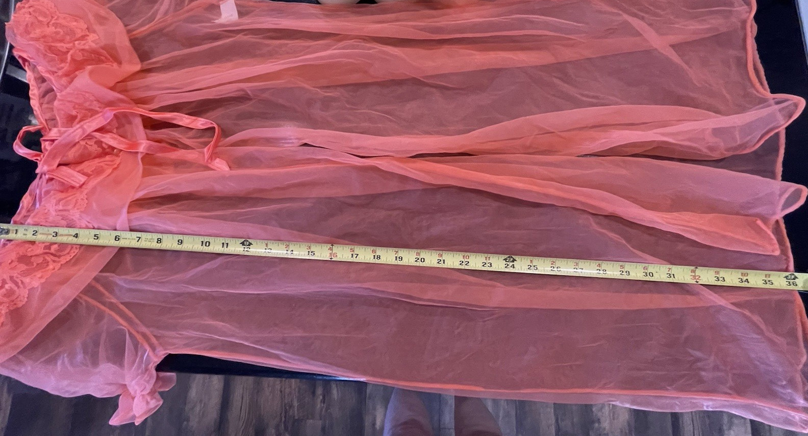 Vtg Coral Sheer Peignoir Housecoat w/Lace Chiffon Ruffles and Satin Ribbon Tie~L