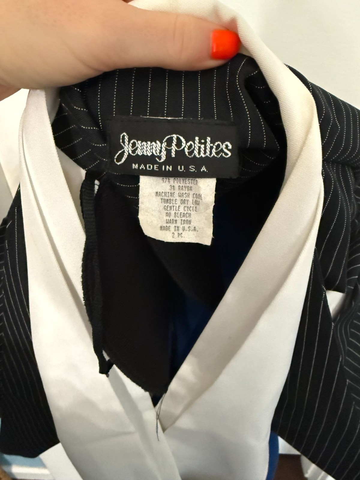 VTG 90s Black + Pinstriped Blazer Pearl Buttons Shoulder Pads, Attached Shirt