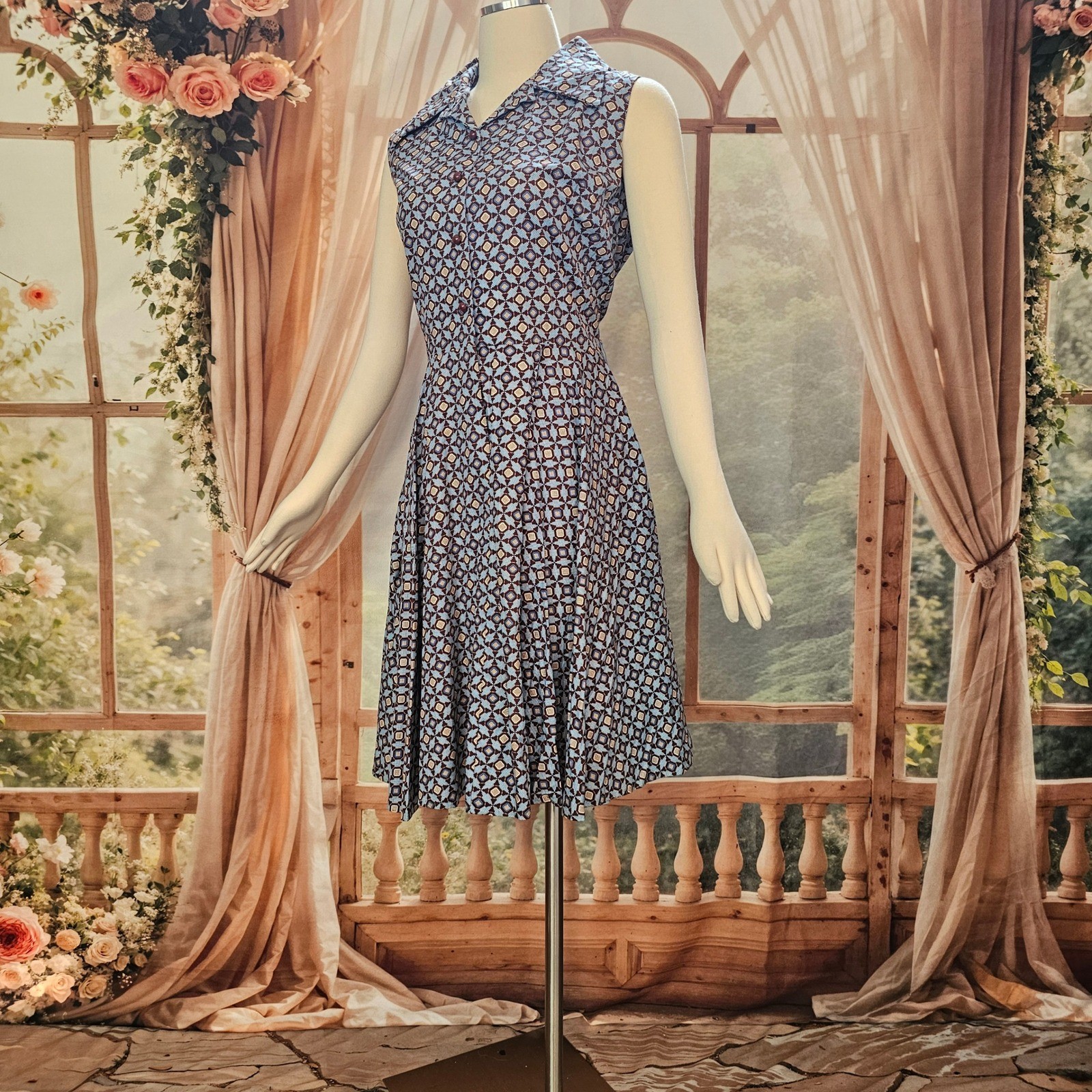 Vintage 1970s Dress Fit and Flare Sandy Lane Blue Brown Geometric Print Buttons