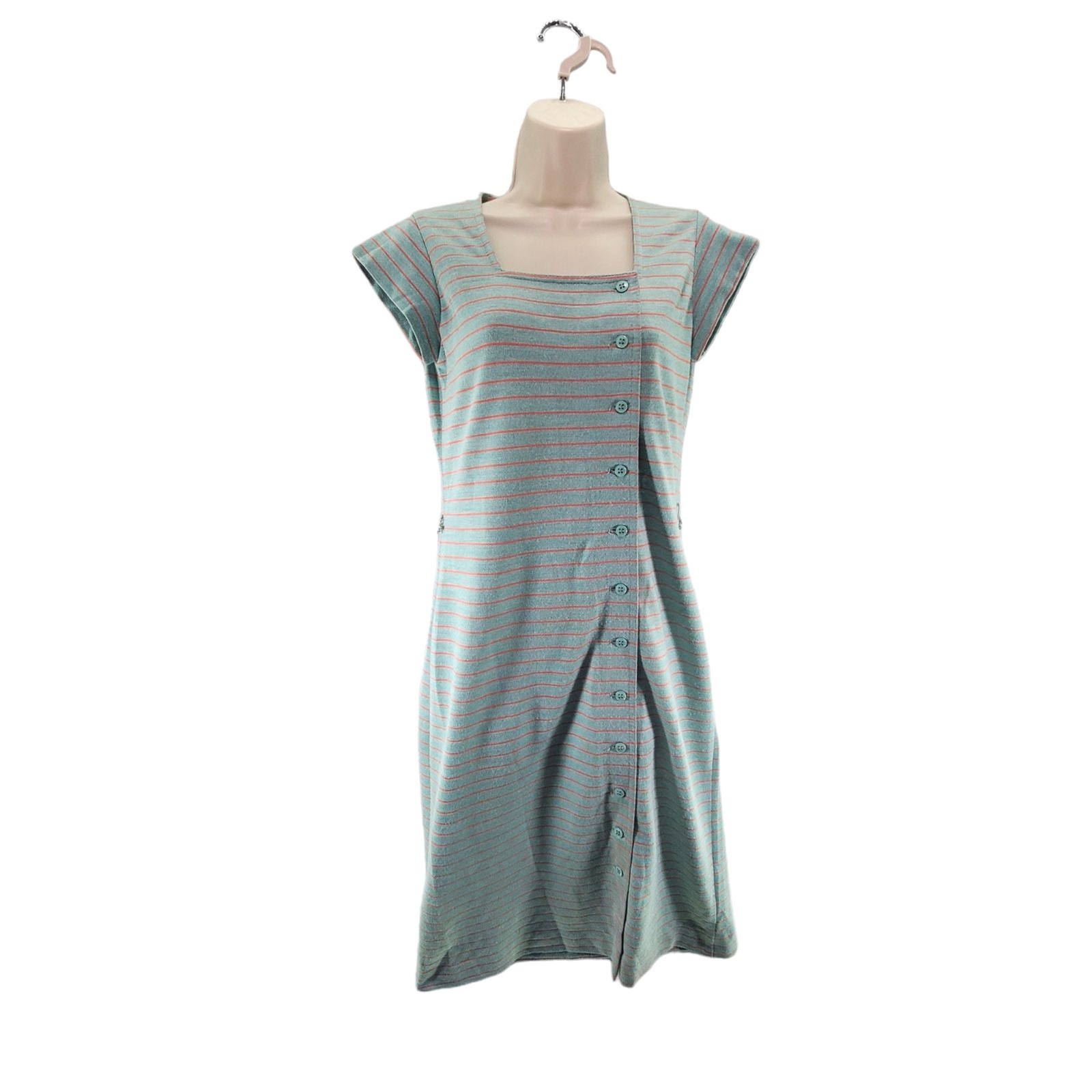 38 Vintage Leslie Fay Knit Rayon Button Up Dress Short Cap Sleeve Square Neck
