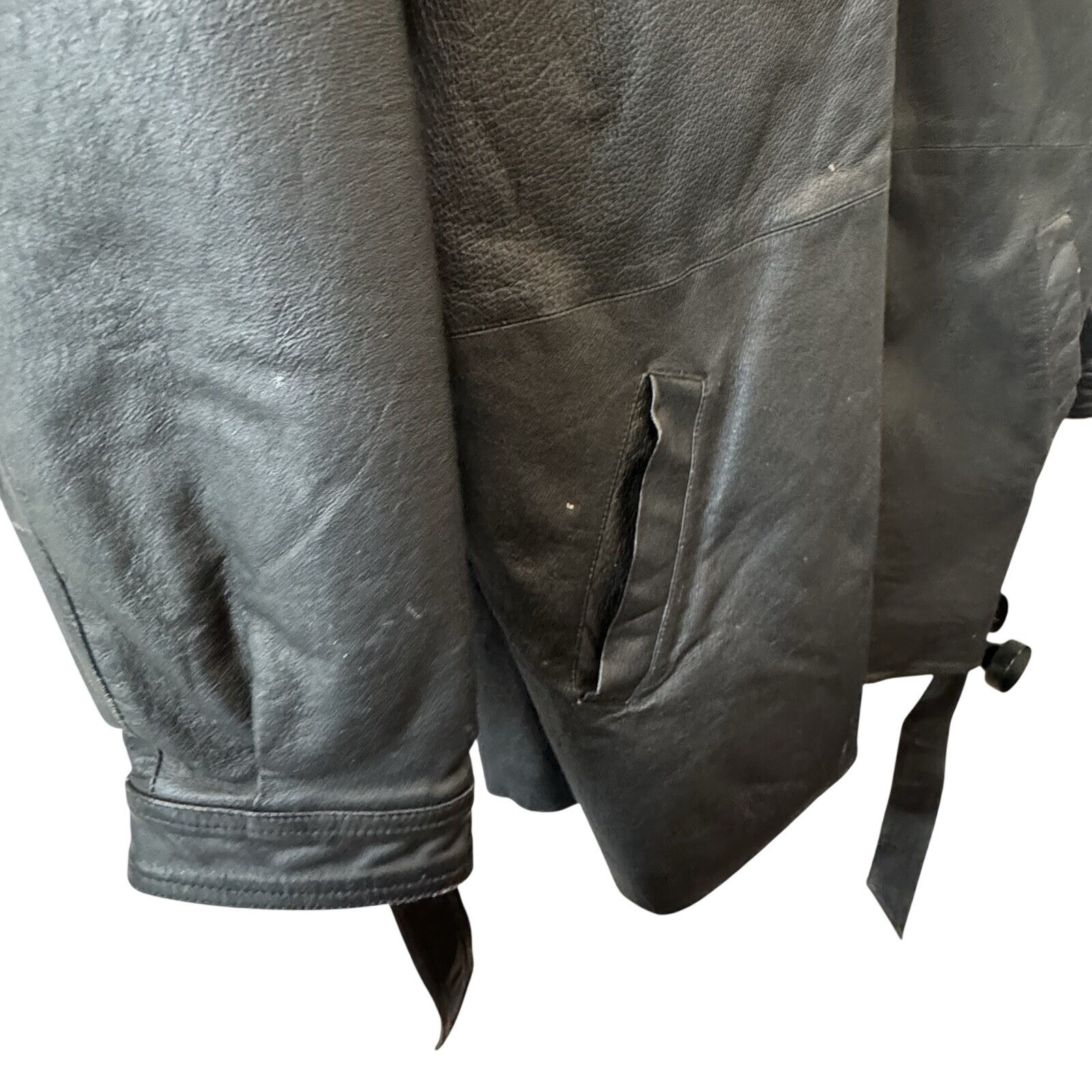 Black Leather Belted Longline Coat Women L Oversized Moto Mob Wife Jacket