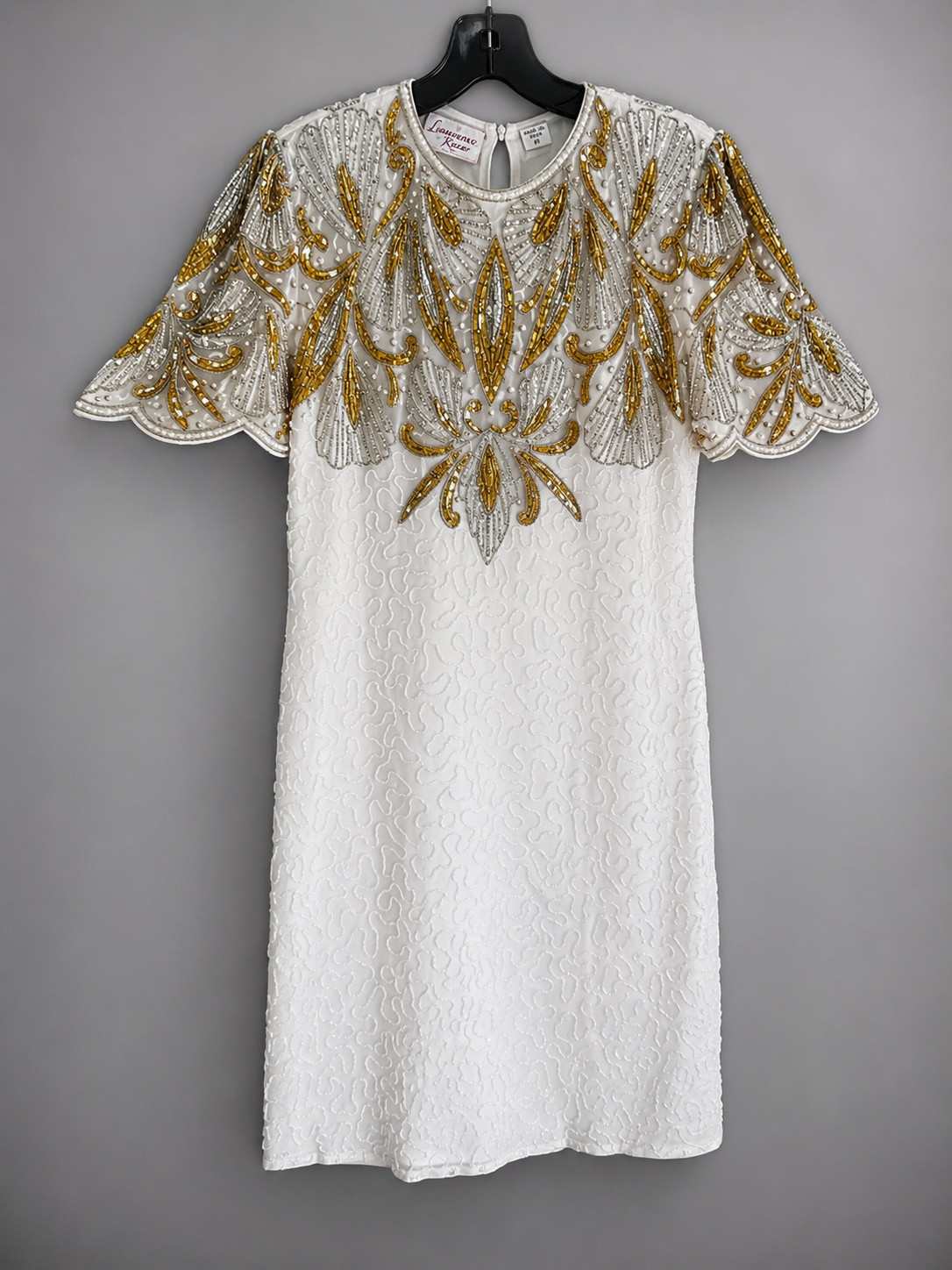 Vintage Laurence Kazar White Silk Beaded Evening Dress Gold Silver Sequin NY