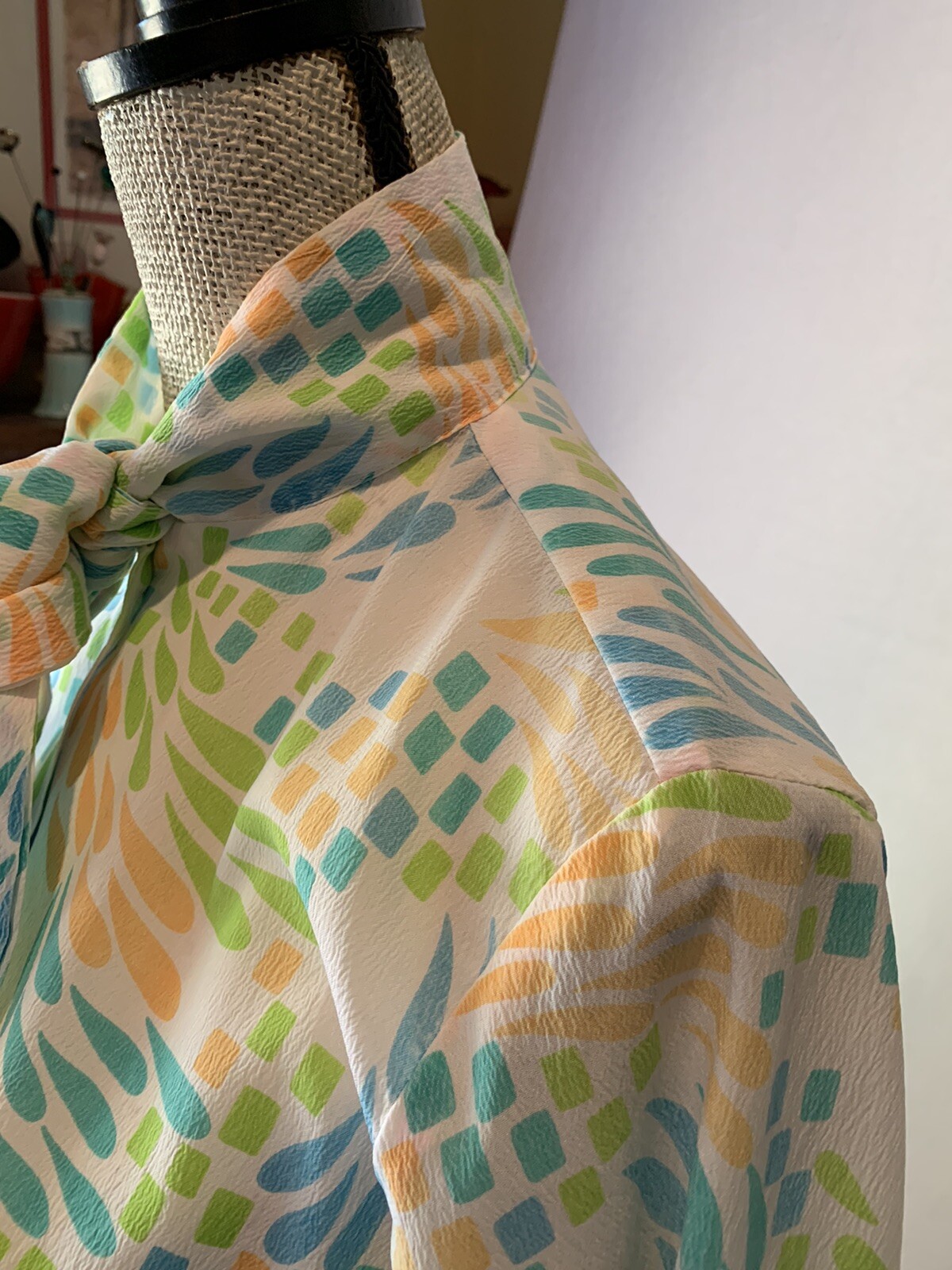 Vtg Ascot Blouse Tie Neck Long Sleeve Sheer Button Up Colorful Firework Bursts